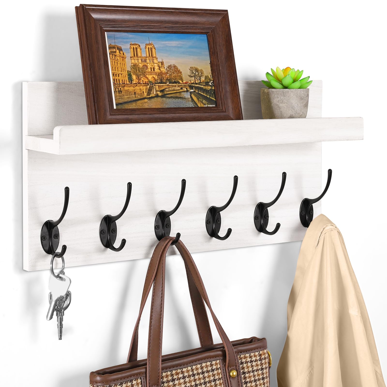 HRONRAD Shelf with Hooks, Coat Rack Wall Mount with 6 Double Metal Hooks, 17 Inch Farmhouse Wall Hooks with Shelf, for Entryway, Bathroom, Kitchen, White