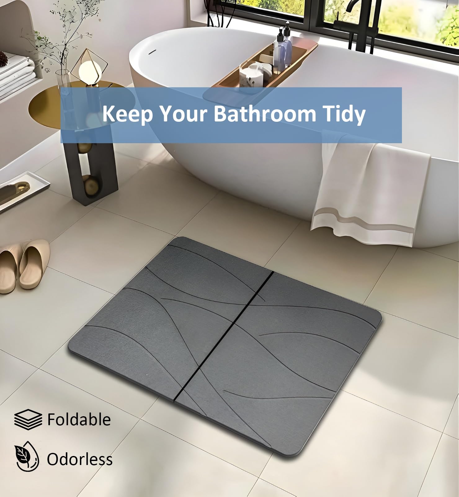 Stone Bath Mat, Diatomaceous Earth Bath Mat Stone with Fast Drying, Foldable Quick Dry Diatomite Bath Stone Mat for Bathroom, Non-Slip, Easy to Clean, 60cm x 40cm (Grey)