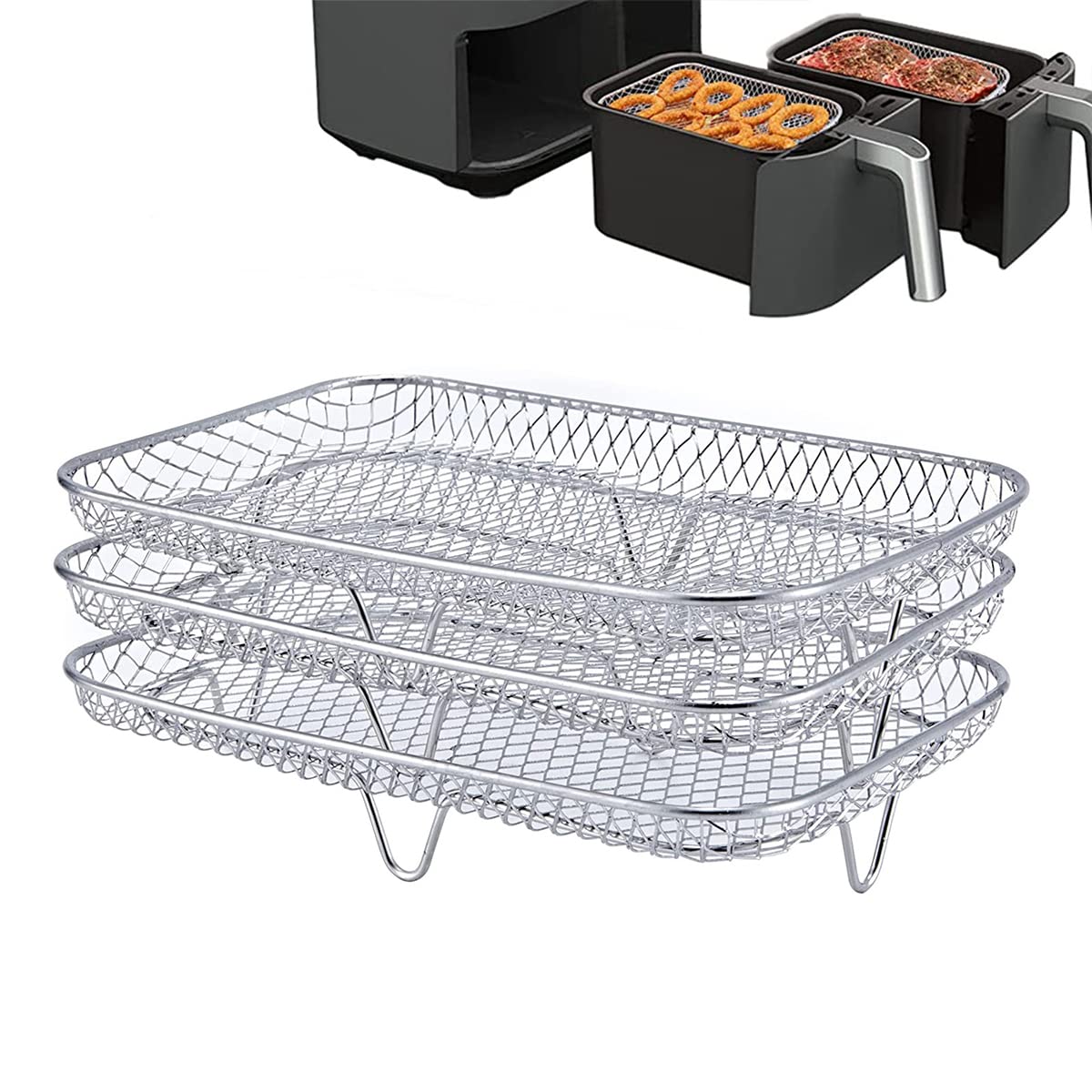 Three Stackable Dehydrator Racks Air Fryer Rack for Ninja Dual Fryer, Air Fryer Accessories 304 Stainless Steel Air Fryer Basket Tray for Oven and Press Cooker Compatible (Rectangle)