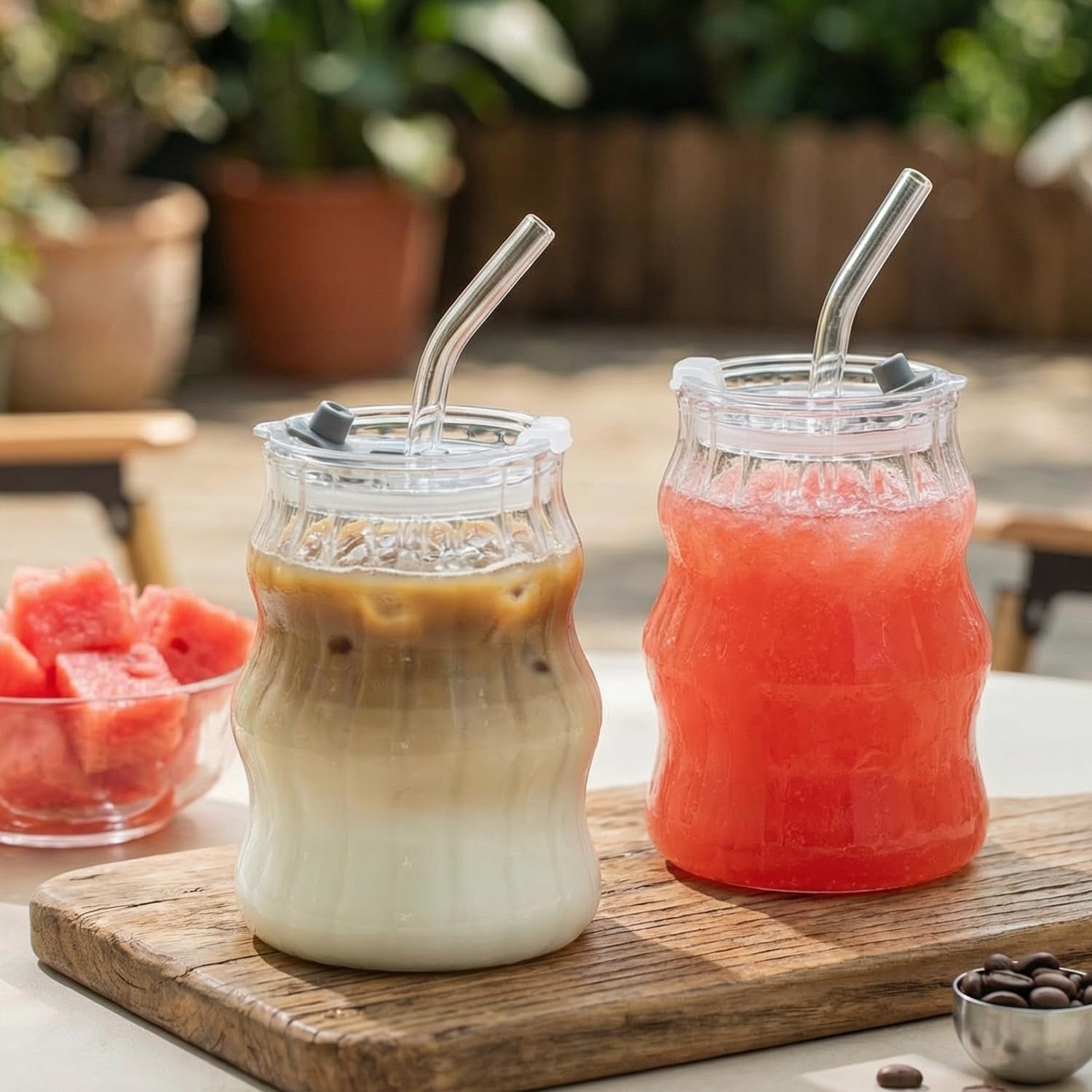 2 Pack Cloud Glass Cups with Lids and Straws - 18oz Ripple Glass Tumbler for Iced Coffee, Matcha, Smoothies - Aesthetic Ribbed Drinking Glasses, Also for Overnight Oats Containers with Lids