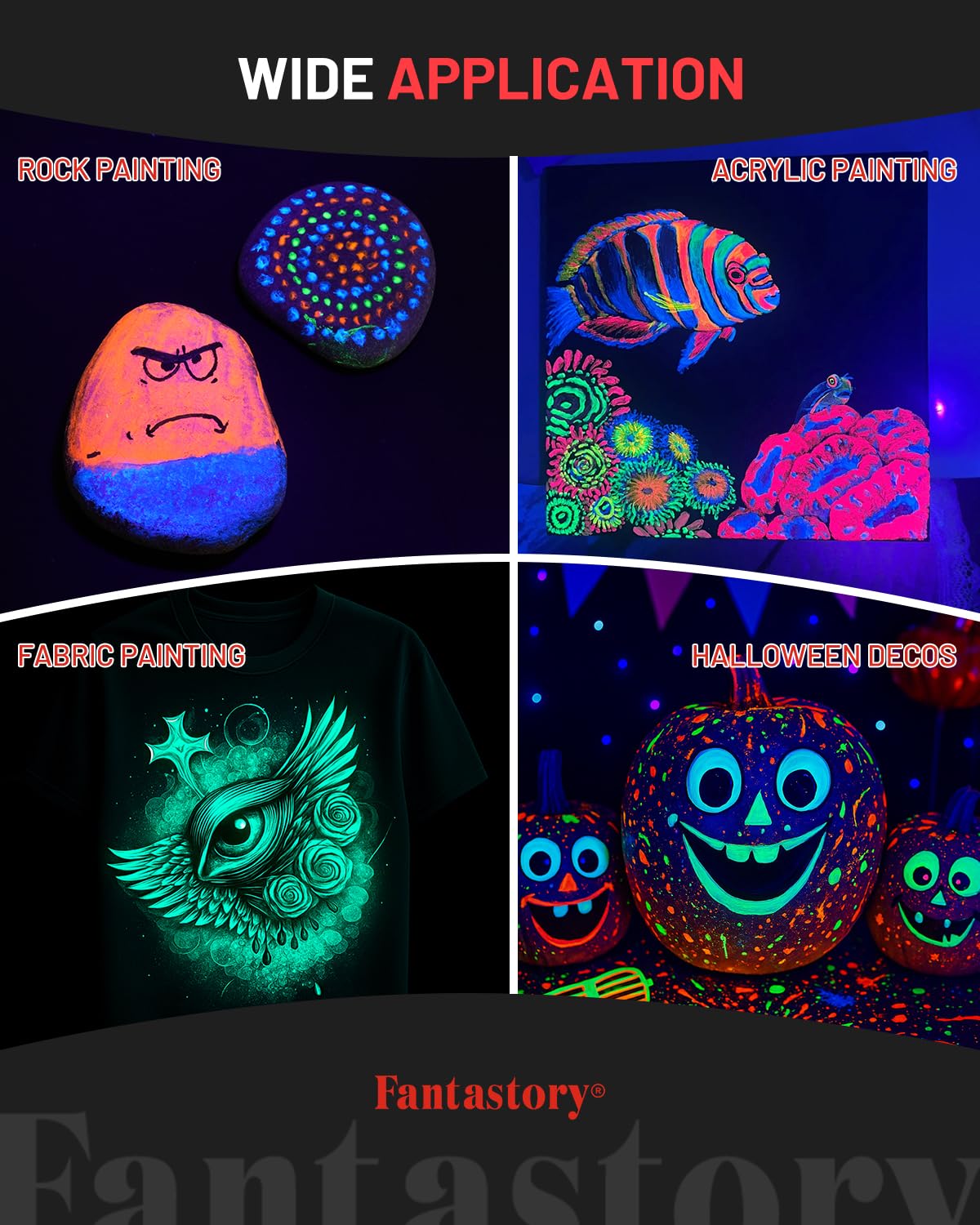 Fantastory Easter Glow in the Dark Paint,60ml/2oz,Neon Colors Glow Acrylic Paints,Waterproof Blacklight Paint for Outdoor Rock,Wood,Craft,Canva,Pumpkin,Holiday Decor [FluorescentSeries]