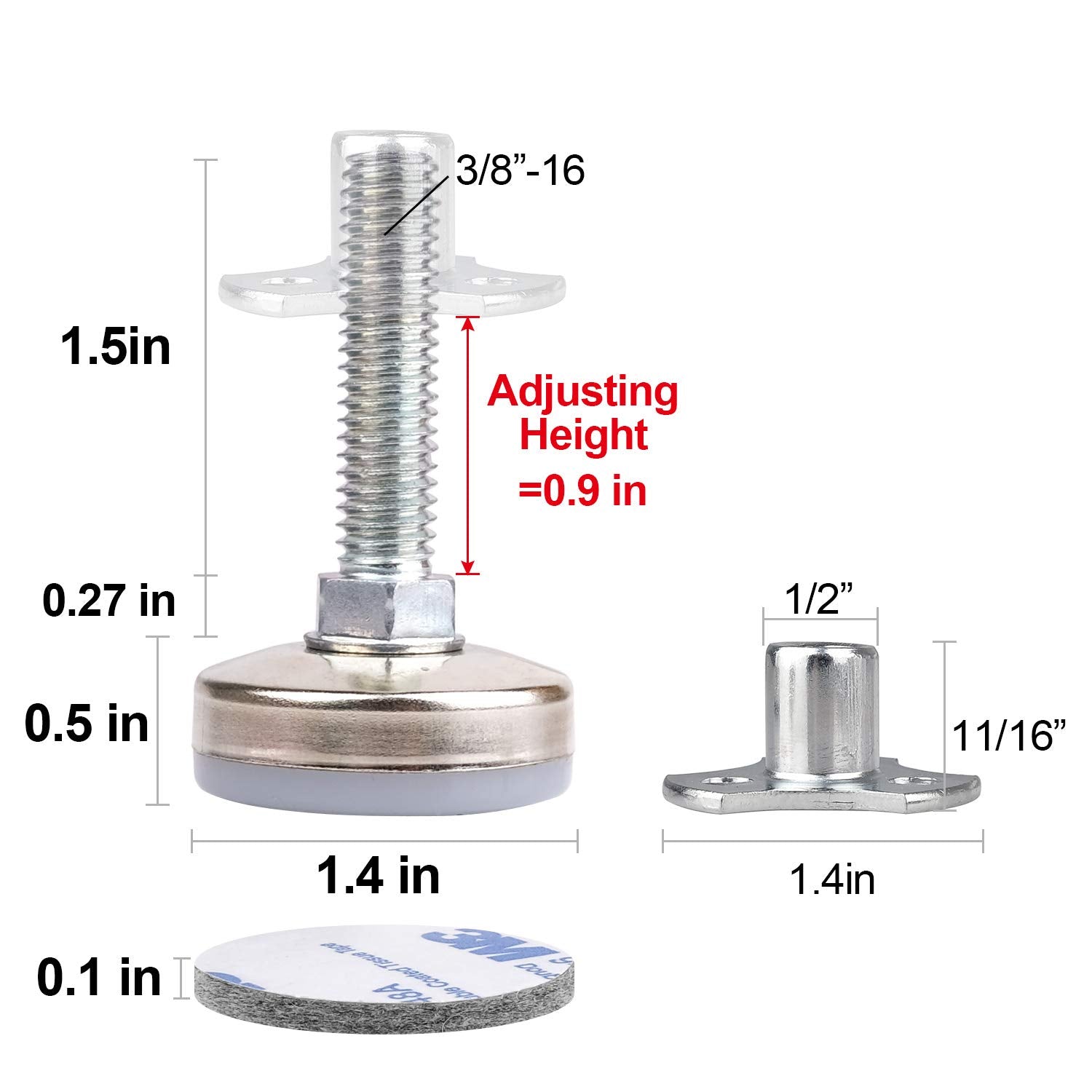 Heavy Duty Furniture Leveling Feet Adjustable Furniture Leg Levelers for Tables Chairs Cabinets Sofa Raiser, Support 1320LBs, T- Nut Kit 3/8”-16 Thread, Large Base,w/ 4 Felt Pads,12 Screws (4 Pack)