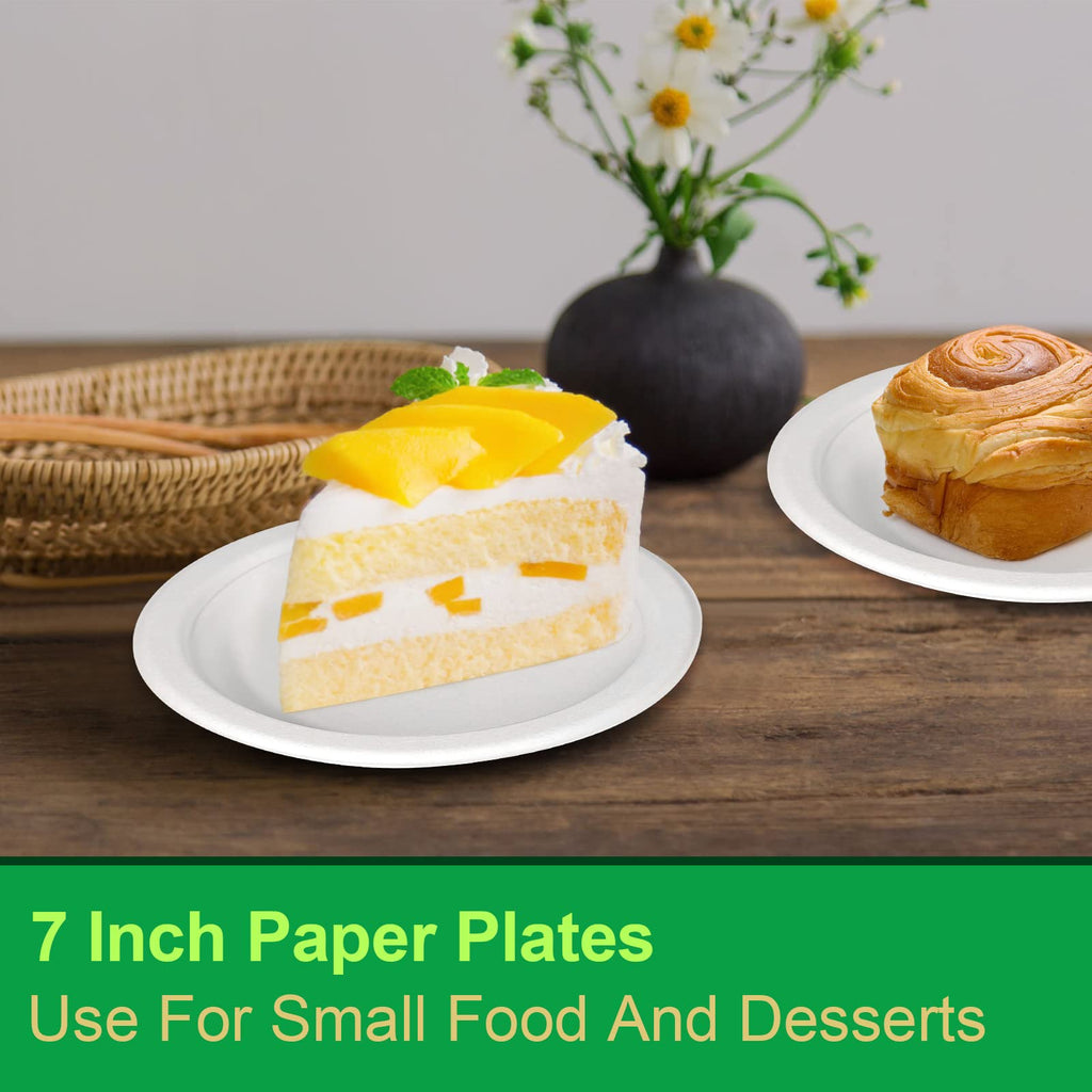 GREENESAGE 100% Compostable Plates 7 inch, 300 Pack Paper Plates Bulk, Small Paper Plates Eco Friendly Disposable Plates, White Paper Plates for Dessert, Cake, and Snack