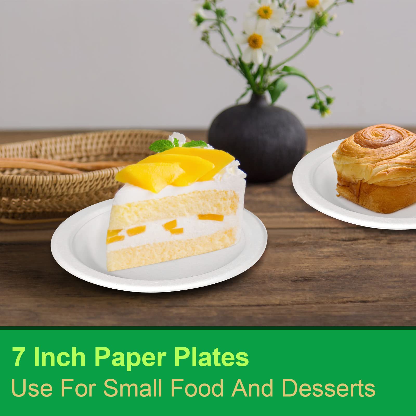 GREENESAGE 100% Compostable Plates 7 inch, 300 Pack Paper Plates Bulk, Small Paper Plates Eco Friendly Disposable Plates, White Paper Plates for Dessert, Cake, and Snack