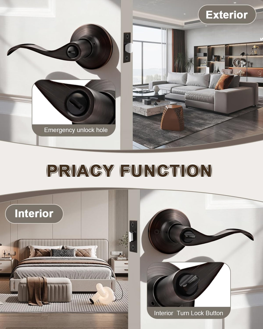 GOBEKOR 1 Pack Oil Rubbed Bronze Privacy Door Lever Wave Style, Keyless Stainless Steel Door Handle Interior Use, Bath/Bed Door Lock (Thumb Turn, No Key),Reversible for Right or Left Side
