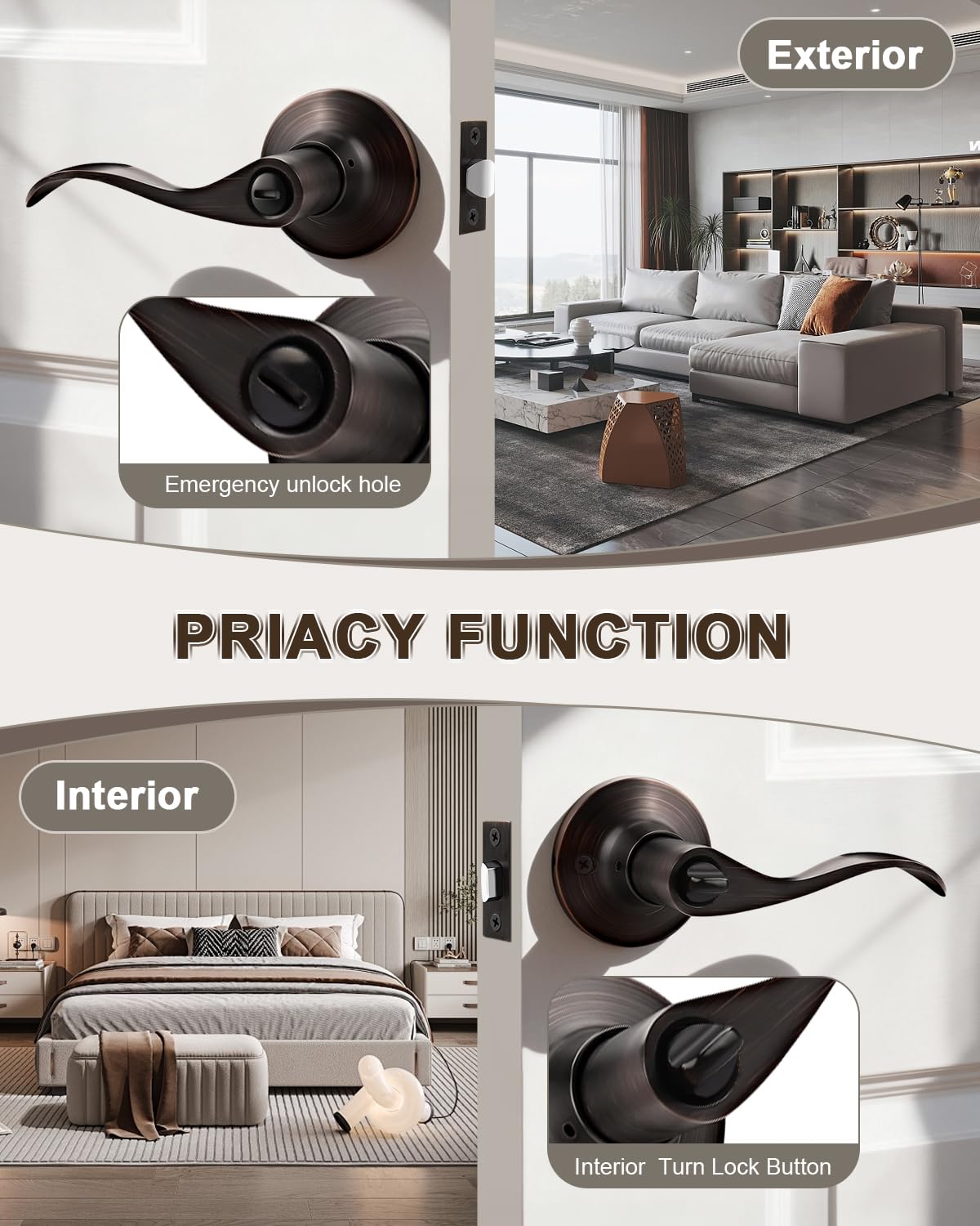 GOBEKOR 1 Pack Oil Rubbed Bronze Privacy Door Lever Wave Style, Keyless Stainless Steel Door Handle Interior Use, Bath/Bed Door Lock (Thumb Turn, No Key),Reversible for Right or Left Side