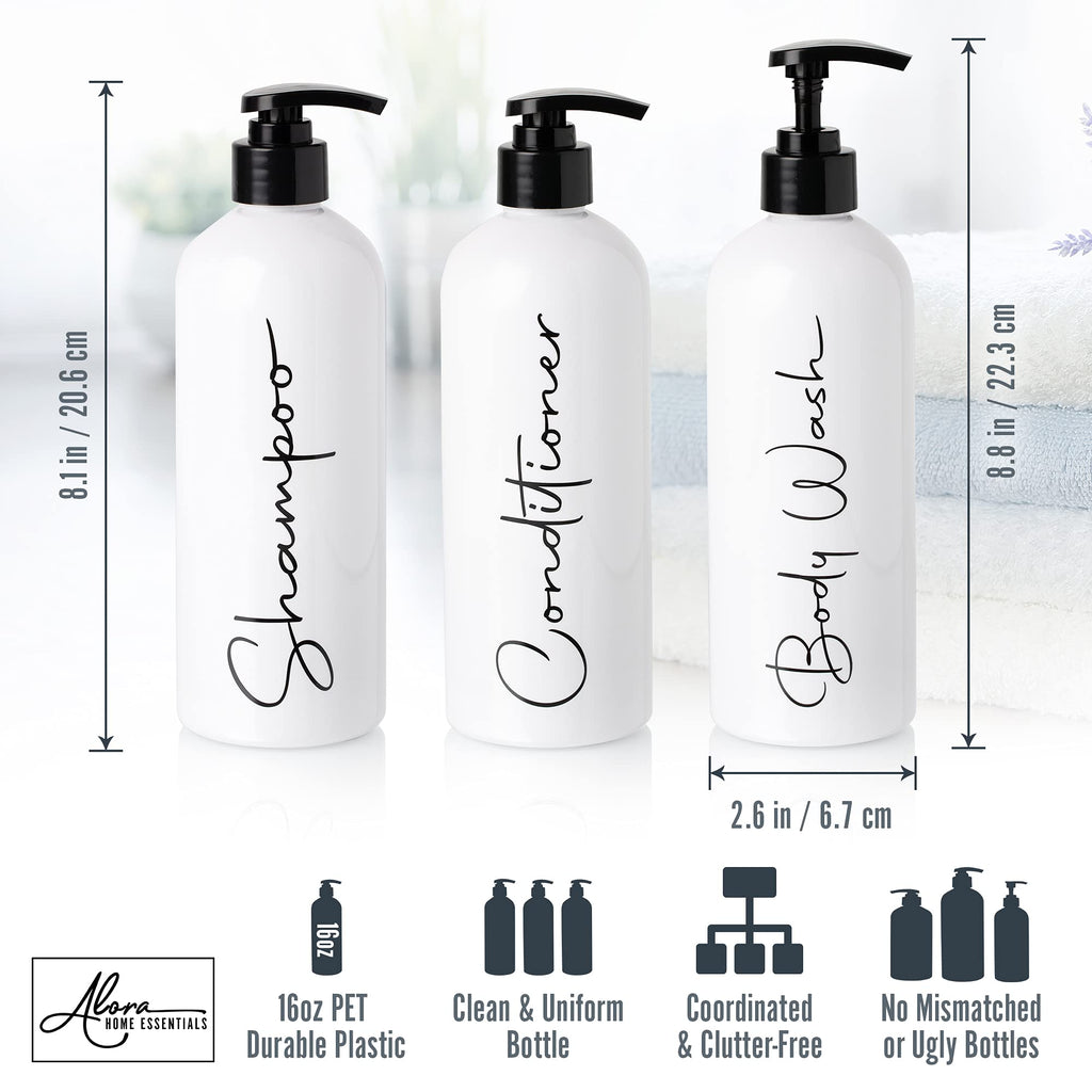 Alora 16oz Refillable Shampoo and Conditioner Dispenser Bottles - Set of 3 - Stylish Labels - Pump Bottle Dispenser for Shampoo, Conditioner, Body Wash - Empty Plastic Refillable Containers for Shower