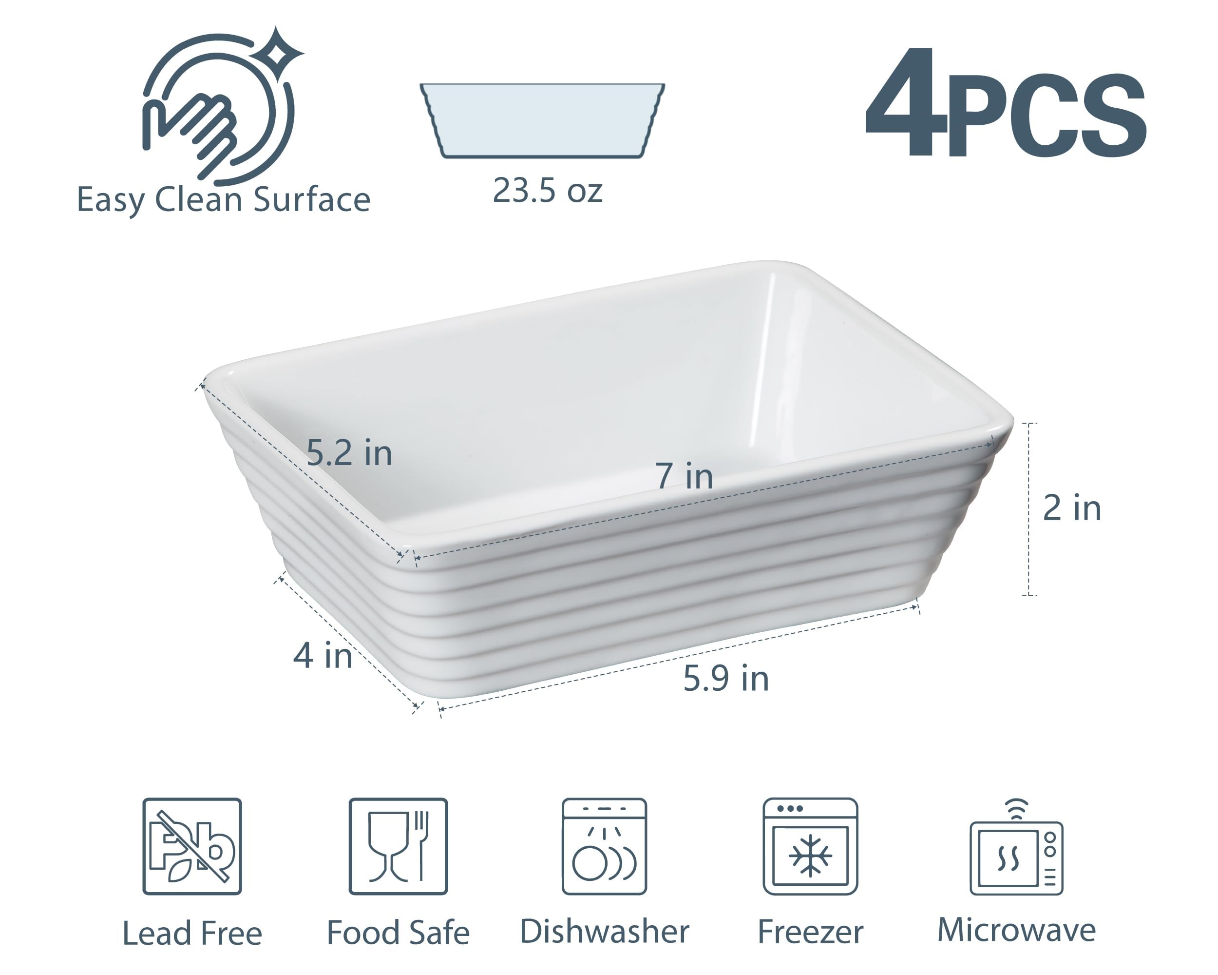 ONEMORE Small Baking Dish, Rectangle Ceramic Baking Dish for Oven, Individual Casserole Dishes for Toaster Oven, 5x7 Small Deep Lasagna Baking Dish, Oven Safe, 1-2 Person Baking Dishes Set of 4, White