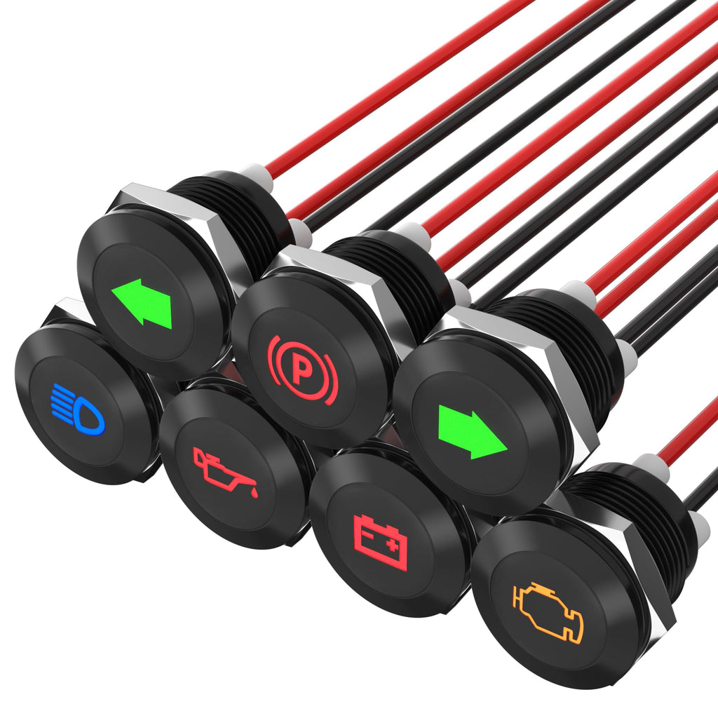 RVMARINEPAT 12V LED Indicator Light Small Indicator Light Waterproof 1/2" Panel Cutout 12 Volt 24 Volt Metal LED Indicator Pilot Dash Light with 300MM Wires -7PCS