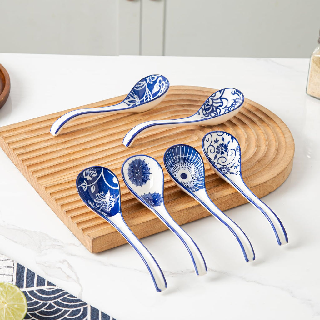 Cerkik Ceramic Asian Soup Spoon - 6.3 Inch Chinese Soup Spoons Japanese Ramen Spoons for Pho Dumplings Wonton Miso Cereal Stews Noodles - Vintage Blue