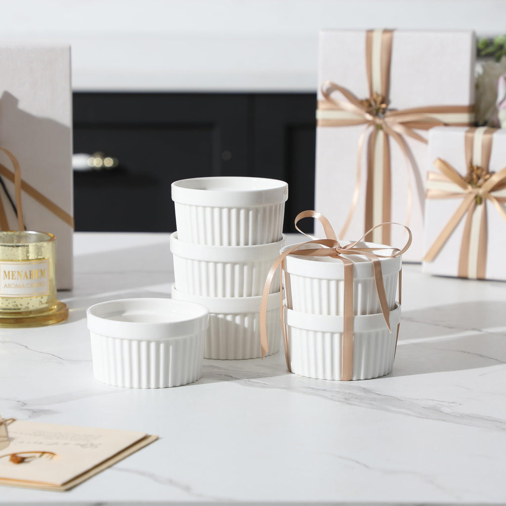 MALACASA Ramekins 4 oz Oven Safe, Porcelain Creme Brulee Ramekins Pudding Custard Cups Small Ceramic Souffle Dishes Ramakan Ramiken Ramicans Baking Bowls Set of 6, White, Series RAMEKIN-DISH