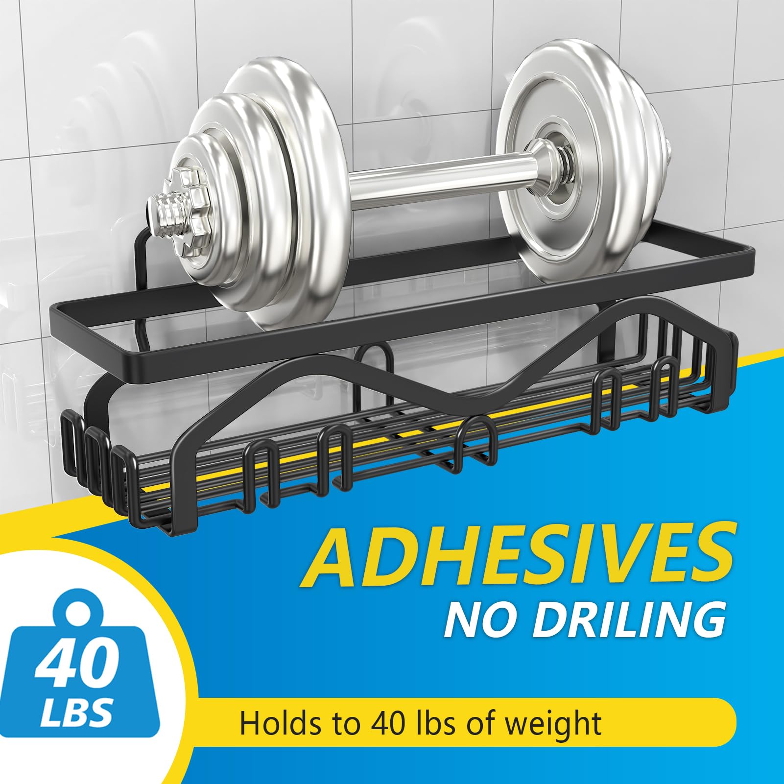 Coraje Adhesive Shower Caddy, 5-Pack Shower Shelves, Large Capacity Load Bearing 40 LBS Shower Organizer, No Drilling Shower Shelf, Rustproof Stainless Steel Bathroom Shower Storage, Black