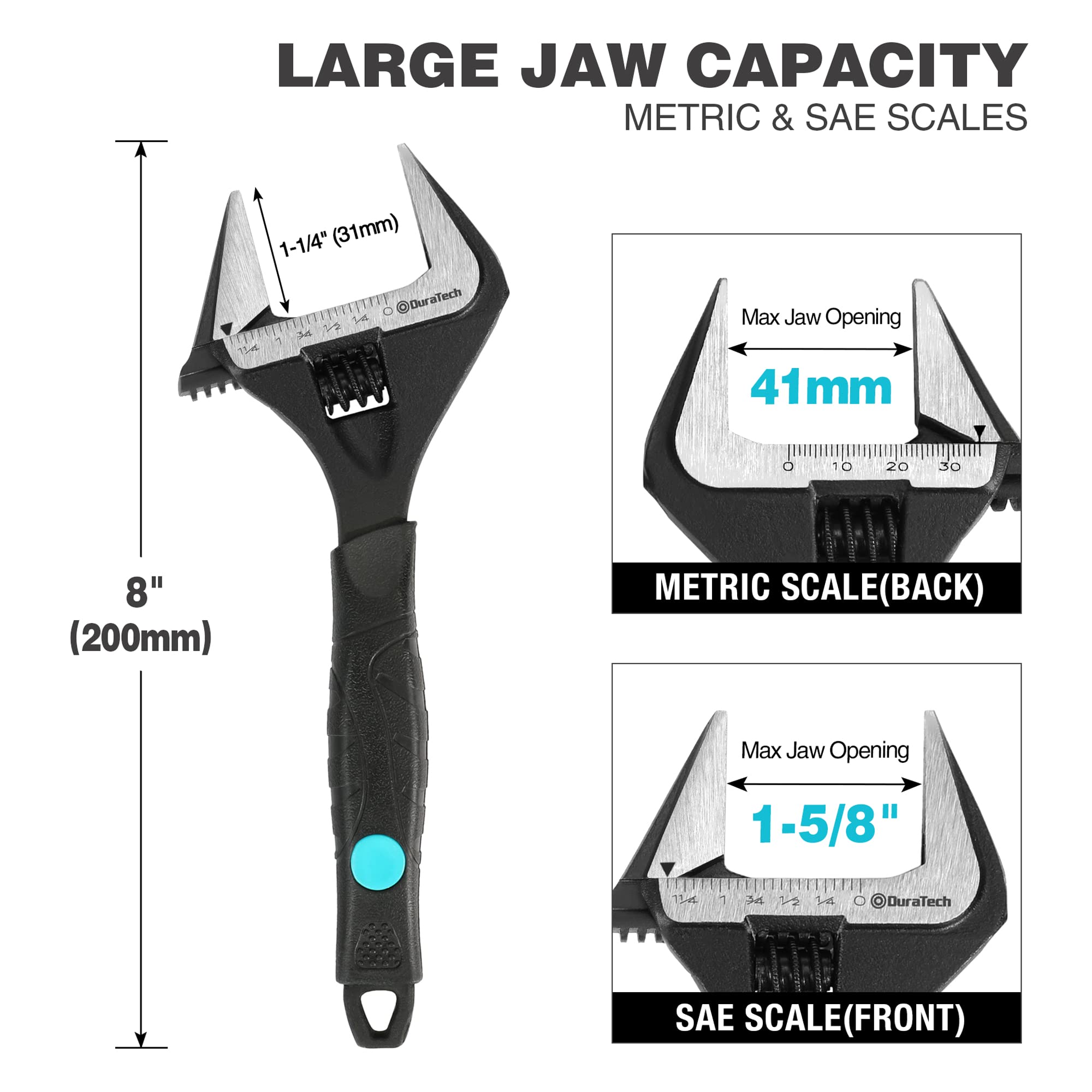 DURATECH 8-Inch Adjustable Wrench, Wide Jaw Opening Black Oxide Finish Plumbing Wrench, CR-V Steel, SAE and Metric Scale Marked, Ergonomic Grip