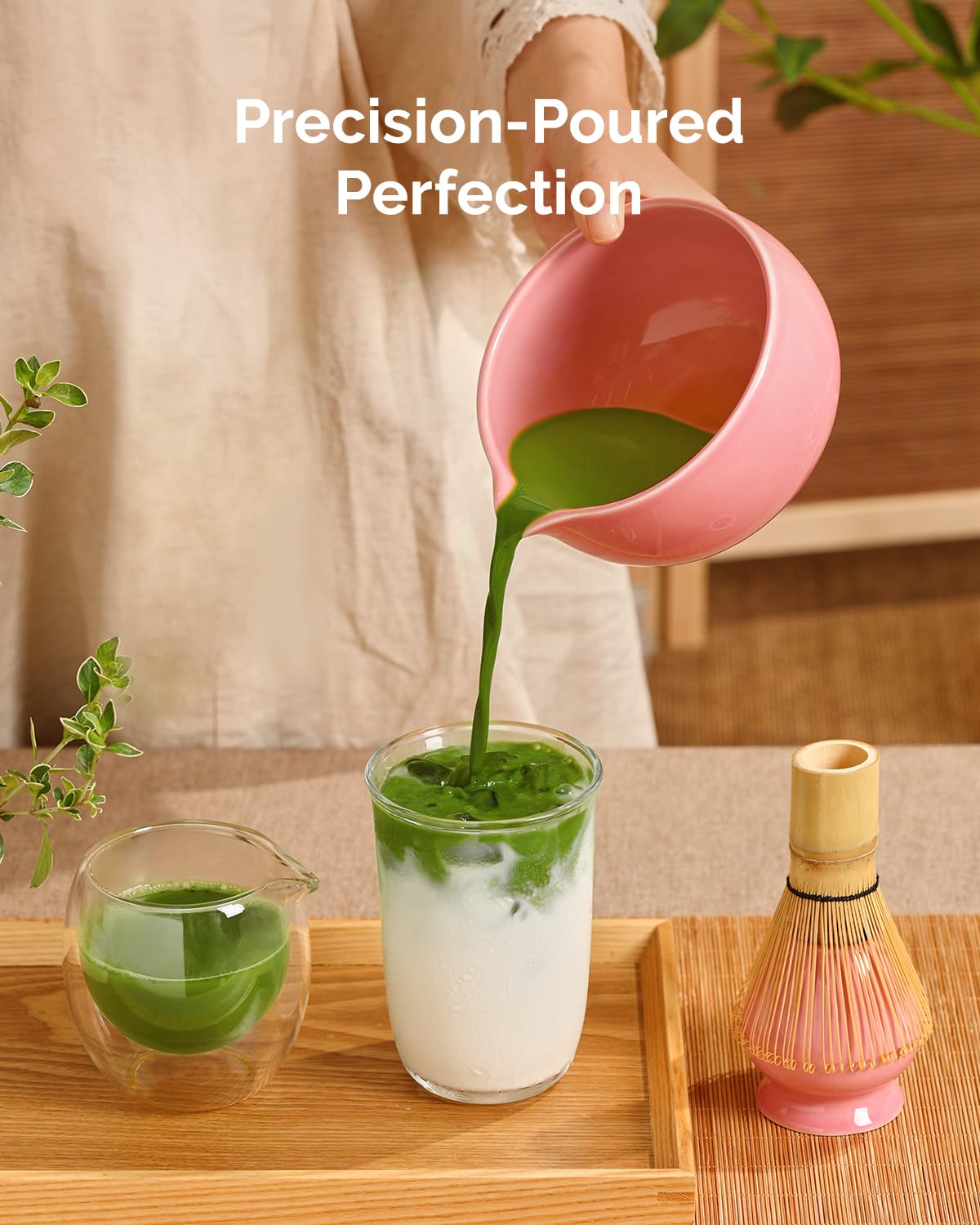 Maestri House Matcha Whisk Set, 7 Pcs Ceramic Matcha Kit with Spouted Bowl, Matcha Whisk & Holder, Bamboo Scoop, Scoop Rest, Sifter & Cloth – Complete Matcha Gift Set for Beginners & Tea Lovers（Pink）