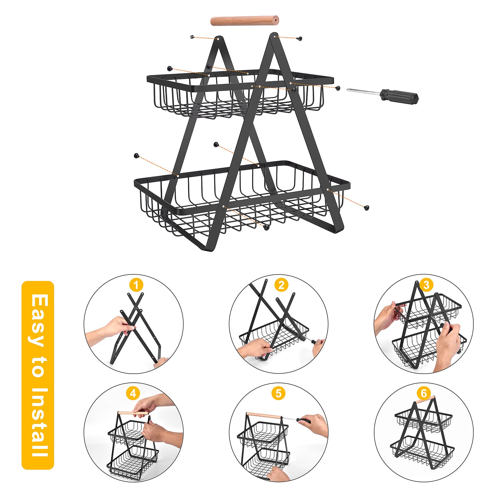 2 Tier Countertop Fruit Basket,Portable Fruit Bowle Basket for Kitchen Organizer Storage & Dining Room Fruits Vegetable Bread Snacks,MAHUEEOL Detachable Metal Rectangle Basket Storage