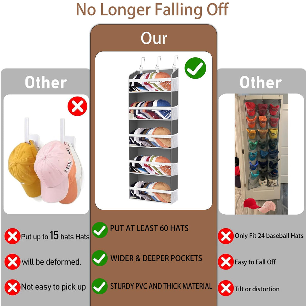 KYEVIS Over The Door Hat Rack for Baseball Caps, Hold up to 60 Hats Organizer Storage for Closet Wall, Clear Hanging Hat Holder with 10 Mesh Pockets