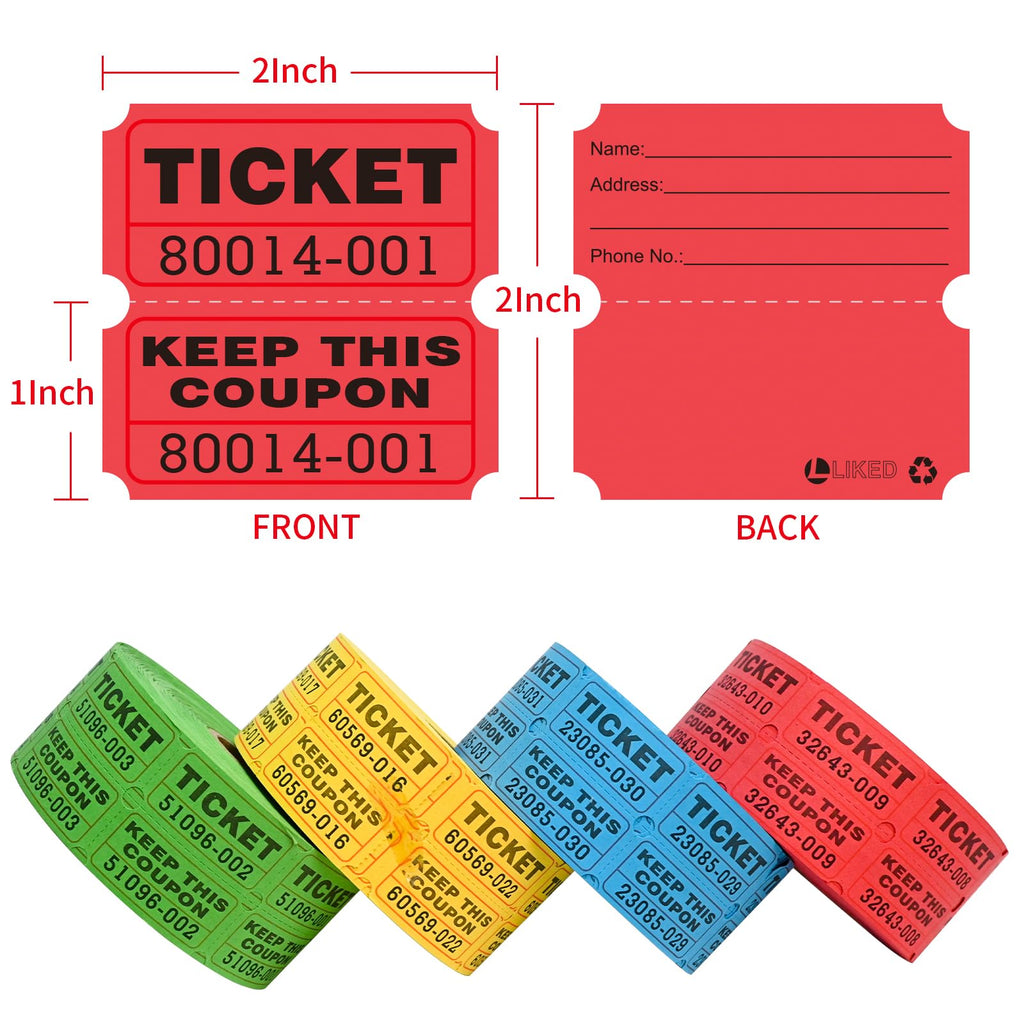 L LIKED 4000 Pairs Raffle Tickets with Consecutive Serial Numbers, 50/50 Raffle Tickets Double Roll for Events, Entry, Class Reward & Prizes (Blue+Red+Green+Yellow)