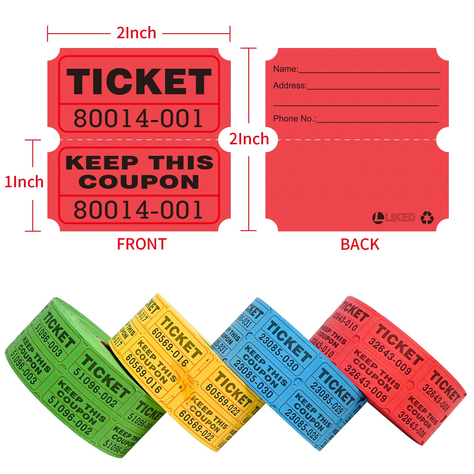 L LIKED 4000 Pairs Raffle Tickets with Consecutive Serial Numbers, 50/50 Raffle Tickets Double Roll for Events, Entry, Class Reward & Prizes (Blue+Red+Green+Yellow)