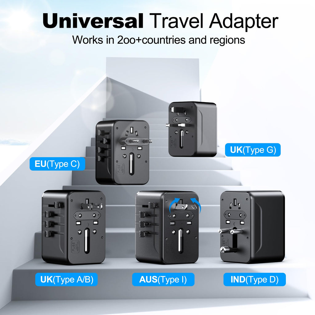 VYLEE Travel Adapter Worldwide, Universal Travel Plug Adapter with 2 USB C and 2 USB A, International Socket Adapter for USA, England, Japan, Maldives, Sri Lanka, Australia (Type A/C/D/G/I)