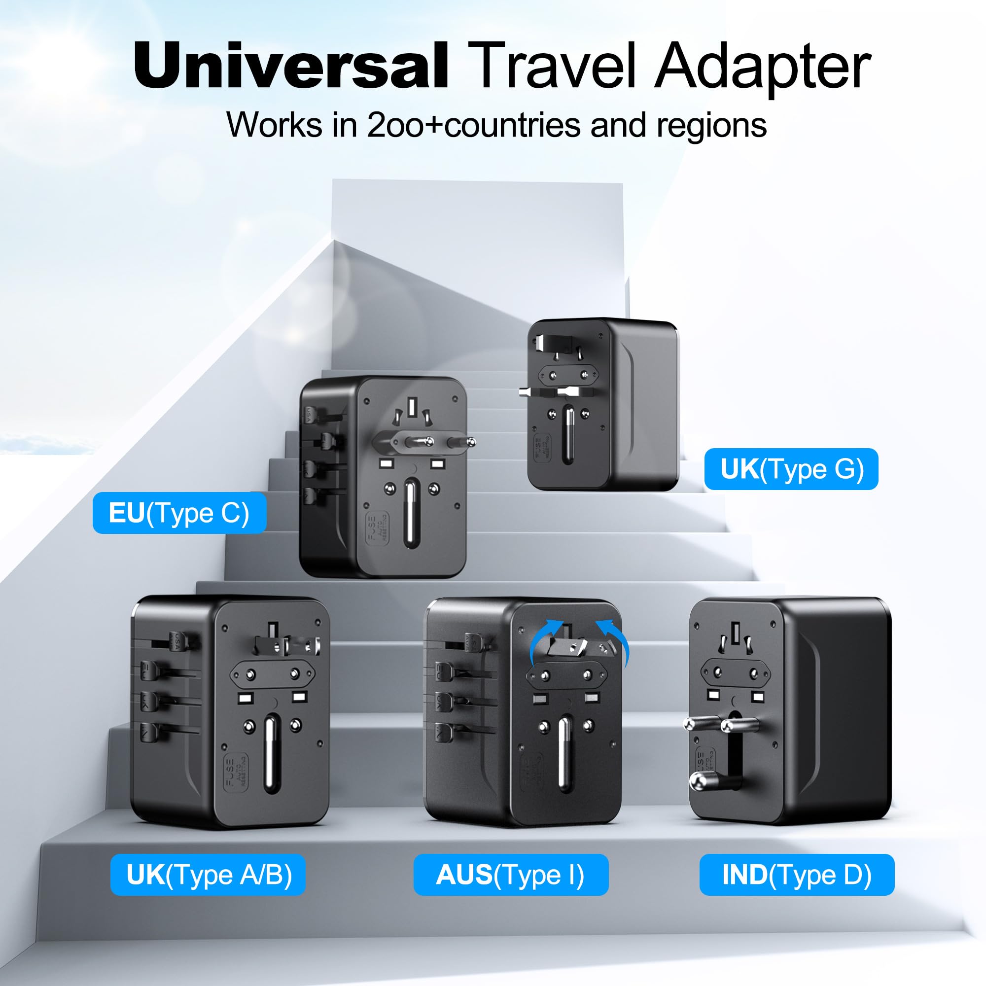 VYLEE Travel Adapter Worldwide, Universal Travel Plug Adapter with 2 USB C and 2 USB A, International Socket Adapter for USA, England, Japan, Maldives, Sri Lanka, Australia (Type A/C/D/G/I)