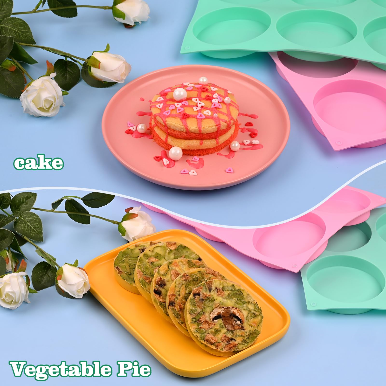 HUAKENER 2 Pcs Silicone Molds for Baking, 6-Cavity Large Round Silicone Baking Mold, Non-Stick Muffin Top Pan/Whoopie Pie Pan/Cake Pan/Egg Pan for Cake Muffin Dessert Hamburger Sandwiches Making