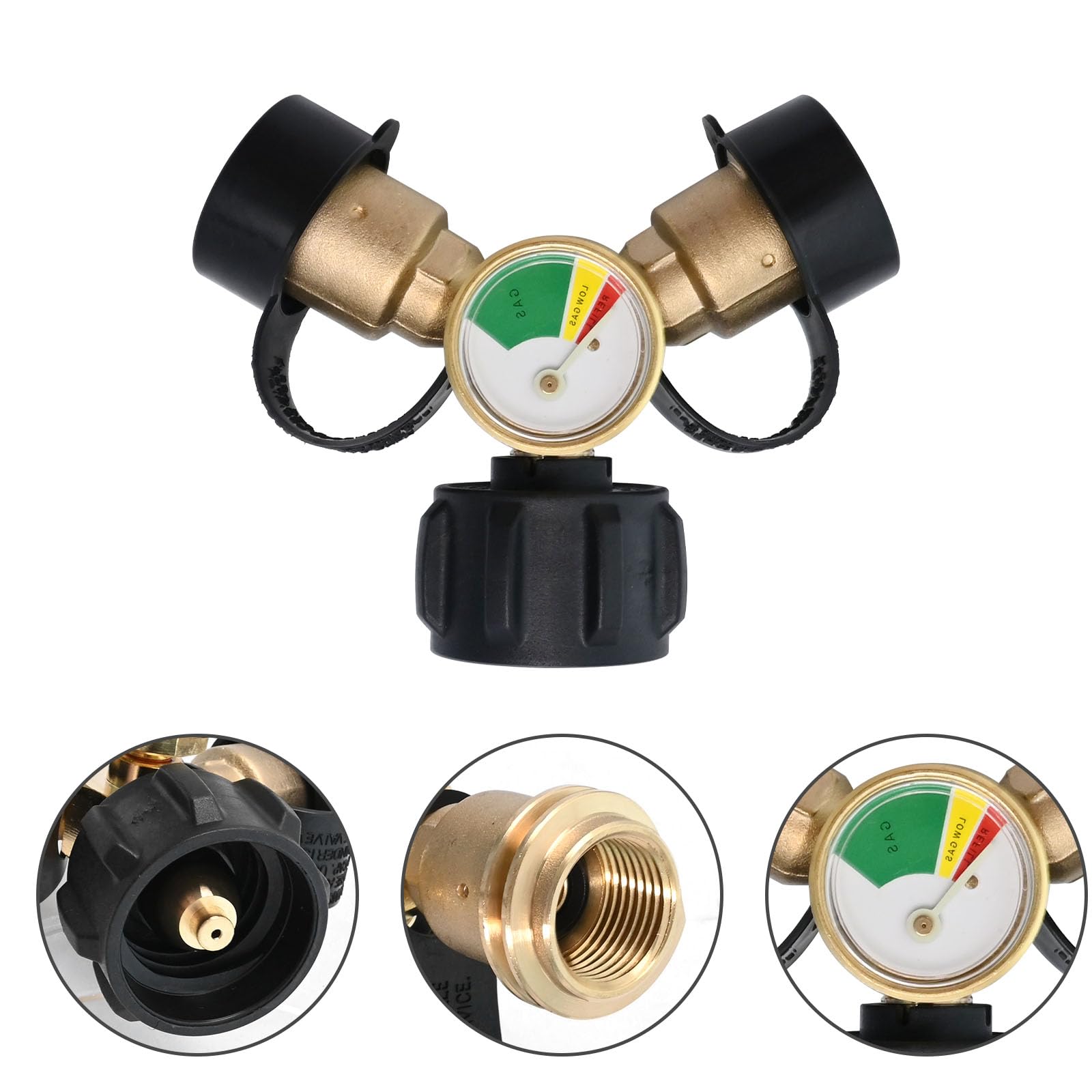Anxingo Propane Y Splitter Adapter with Gauge and Shut-Off Valve 100% Solid Brass LP Gas Tee Connector with Male QCC and 2-Female QCC for LP Tank Cylinder BBQ Grill Heater Stove and More