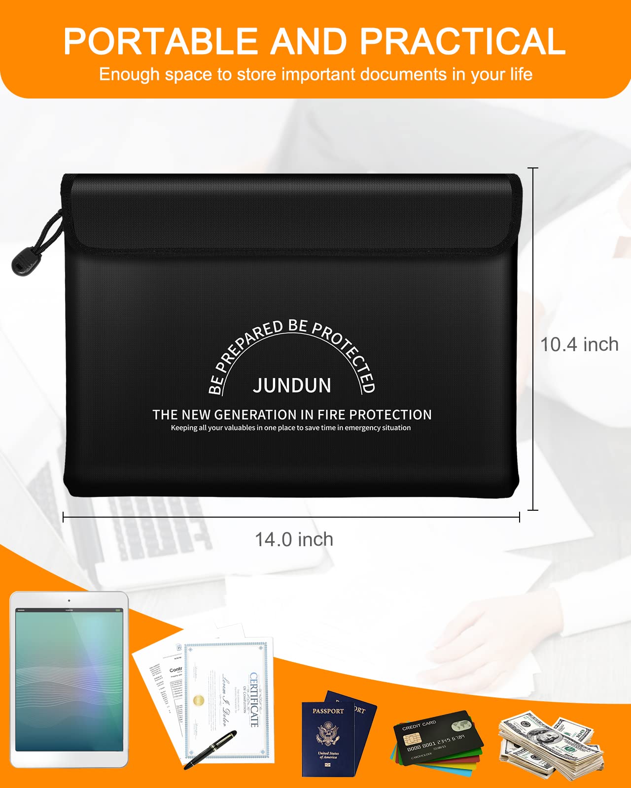 JUNDUN Fireproof Document Bag with 5200℉ Heat Insulated,14.0”x10.4” Waterproof and Fireproof Money Bag,8 Layers Thickened Fire Rated Document Safe Bag Pouch with Zipper for Document,Money and Cash