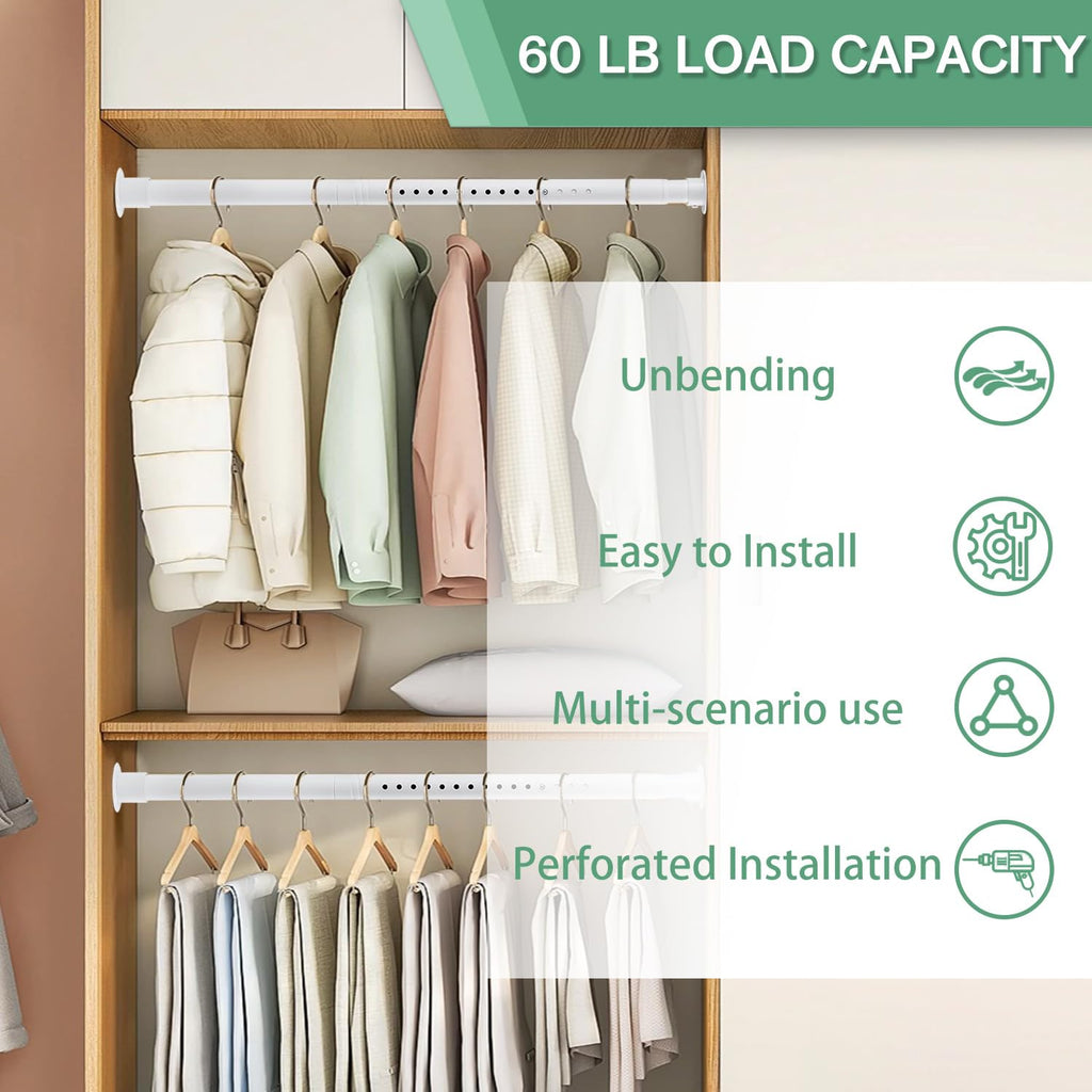 Closet Rods for Hanging Clothes, 1.3 Inch Diameter Heavy Duty Closet Rod 17-75 Inches Adjustable Clothes Hanging Bar Matte White Shower Curtain Rods for Closet, Wardrobes, Bathroom, Windows