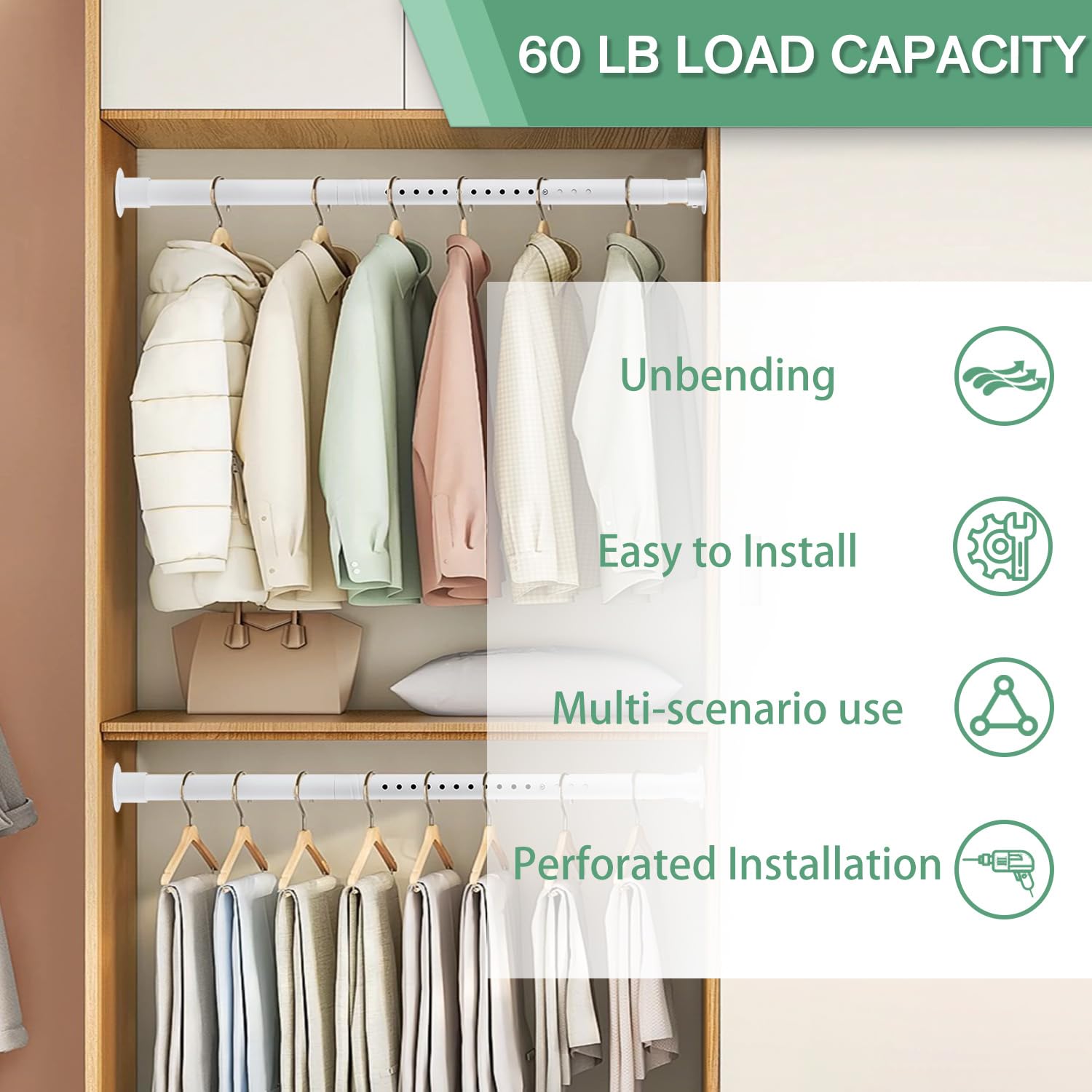 Closet Rods for Hanging Clothes, 1.3 Inch Diameter Heavy Duty Closet Rod 17-75 Inches Adjustable Clothes Hanging Bar Matte White Shower Curtain Rods for Closet, Wardrobes, Bathroom, Windows