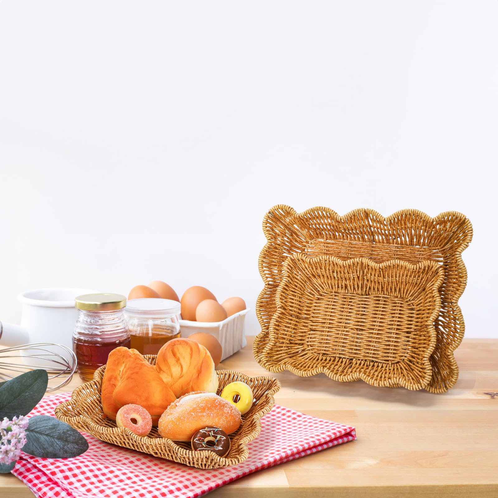 Jucoan 3 Pack Poly Wicker Bread Baskets, Imitation Rattan Fruit Baskets, Rectangular Tabletop Woven Serving Baskets Trays for Fruits Vegetables and Snacks