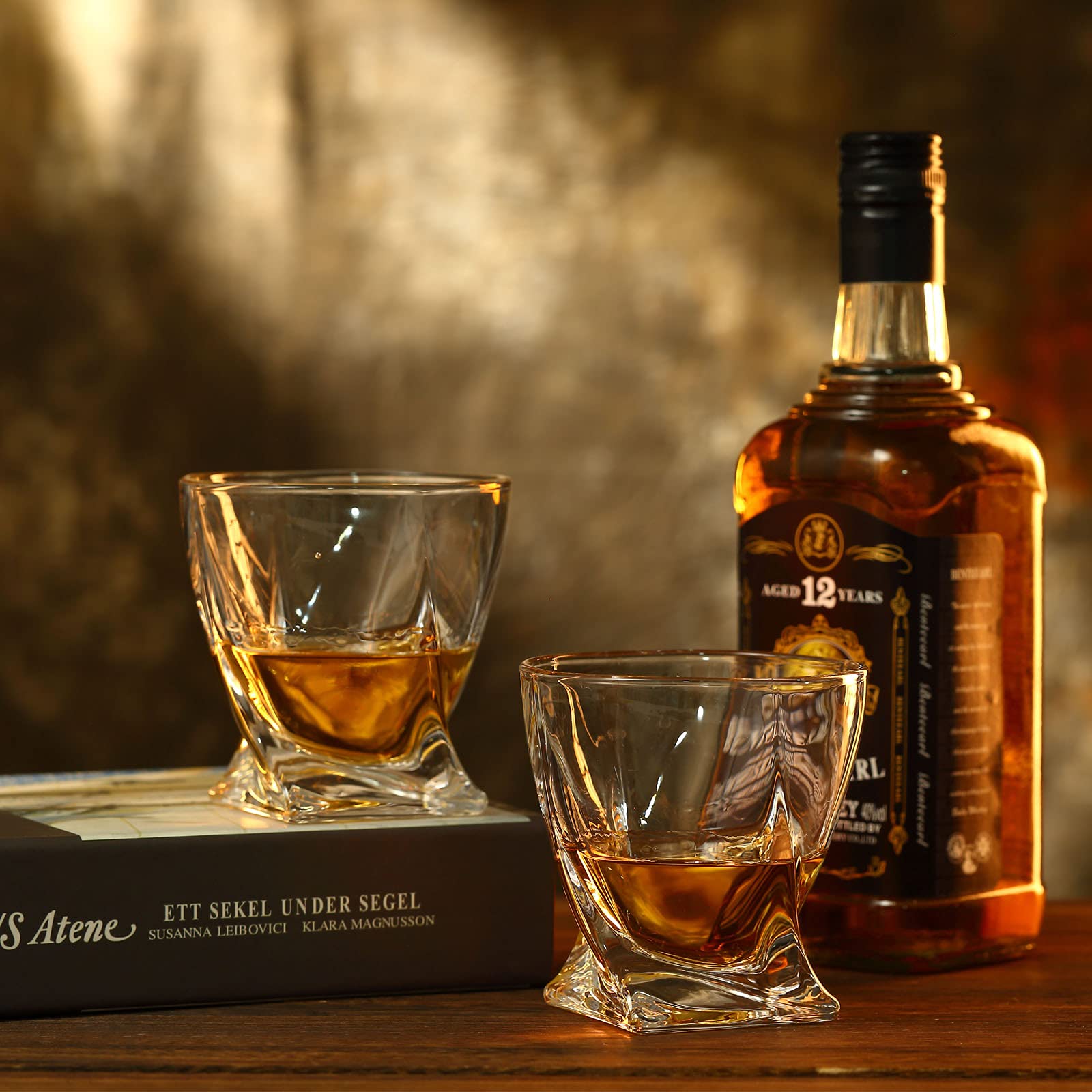 Whiskey Rocks Glass, Set of 4 (2 Crystal Bourbon Glasses, 2 Round Big Ice Ball Molds) in Gift Box - 11 Oz Old Fashioned Glasses for Scotch Cocktail Rum Cognac Vodka Liquor, Unique Gifts for Men…