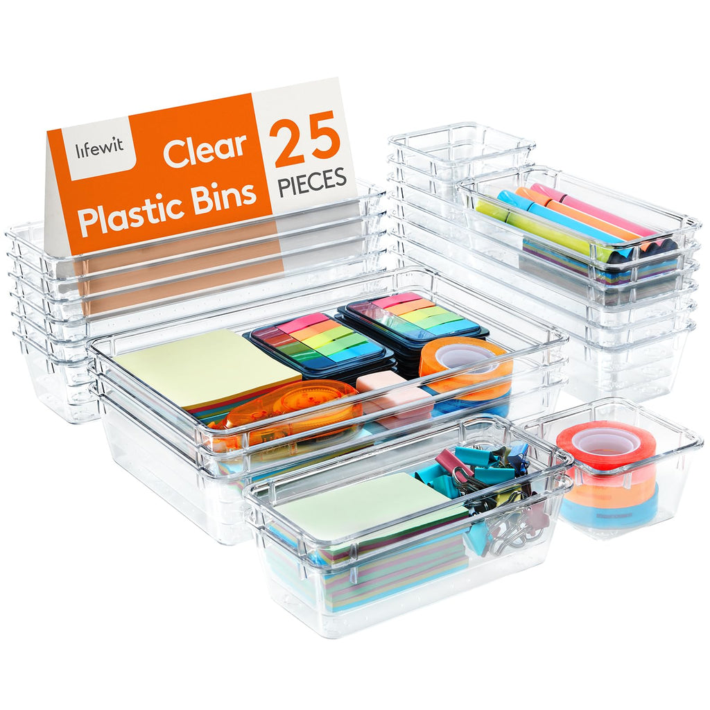 Lifewit Drawer Organizer, Clear Makeup Organizer, Plastic Desk Organizer and Storage for Makeup, Jewelries, Bedroom, Bathroom, 25 Packs