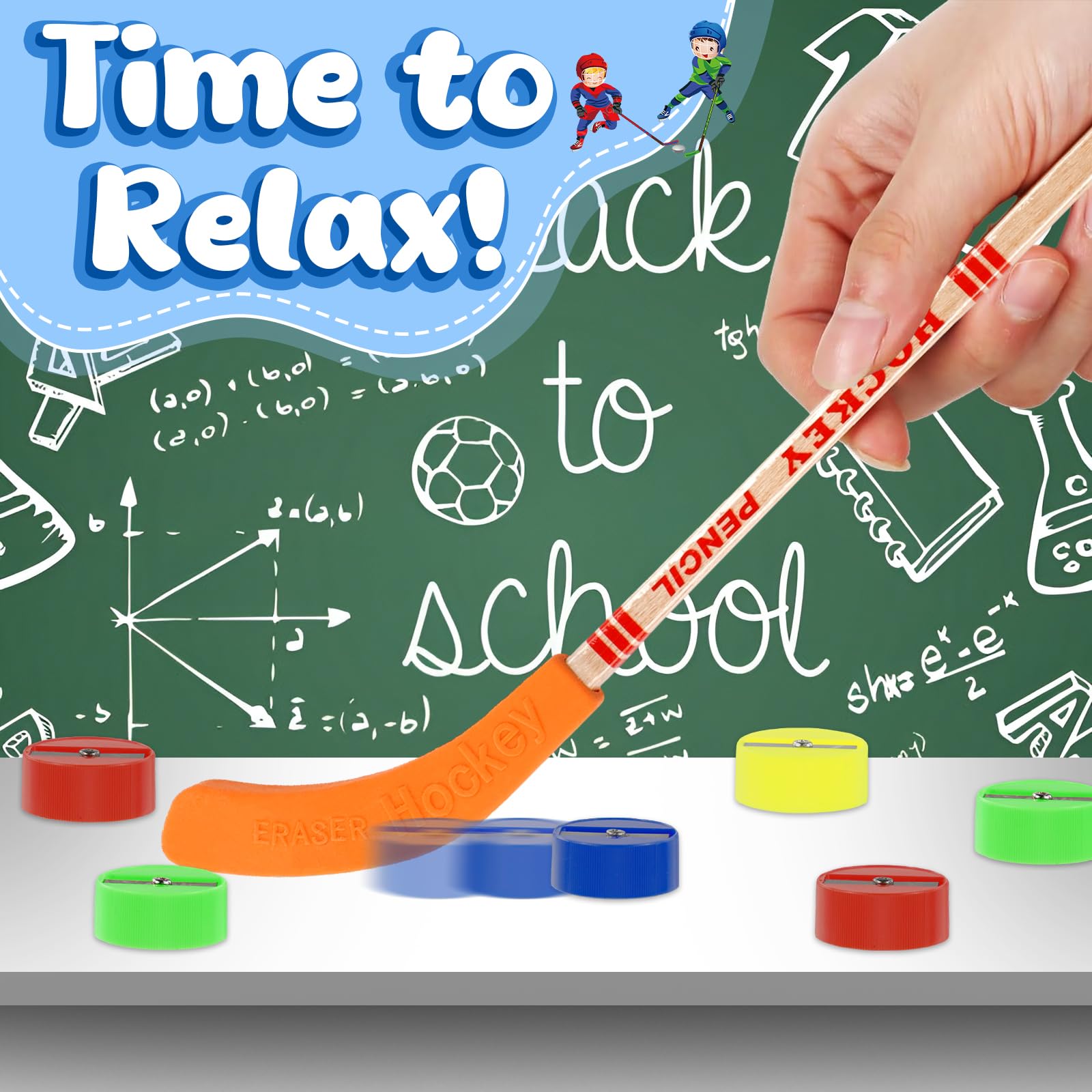 OT-NVWOZR 18pcs Hockey Pencils with Erasers, 9 Inch Multicolor Hockey Sticks Pencils with 8pcs Mini Round Pencil Sharpeners, Fun Cool Pencil Gifts for Fans Students, Sports Party Favors