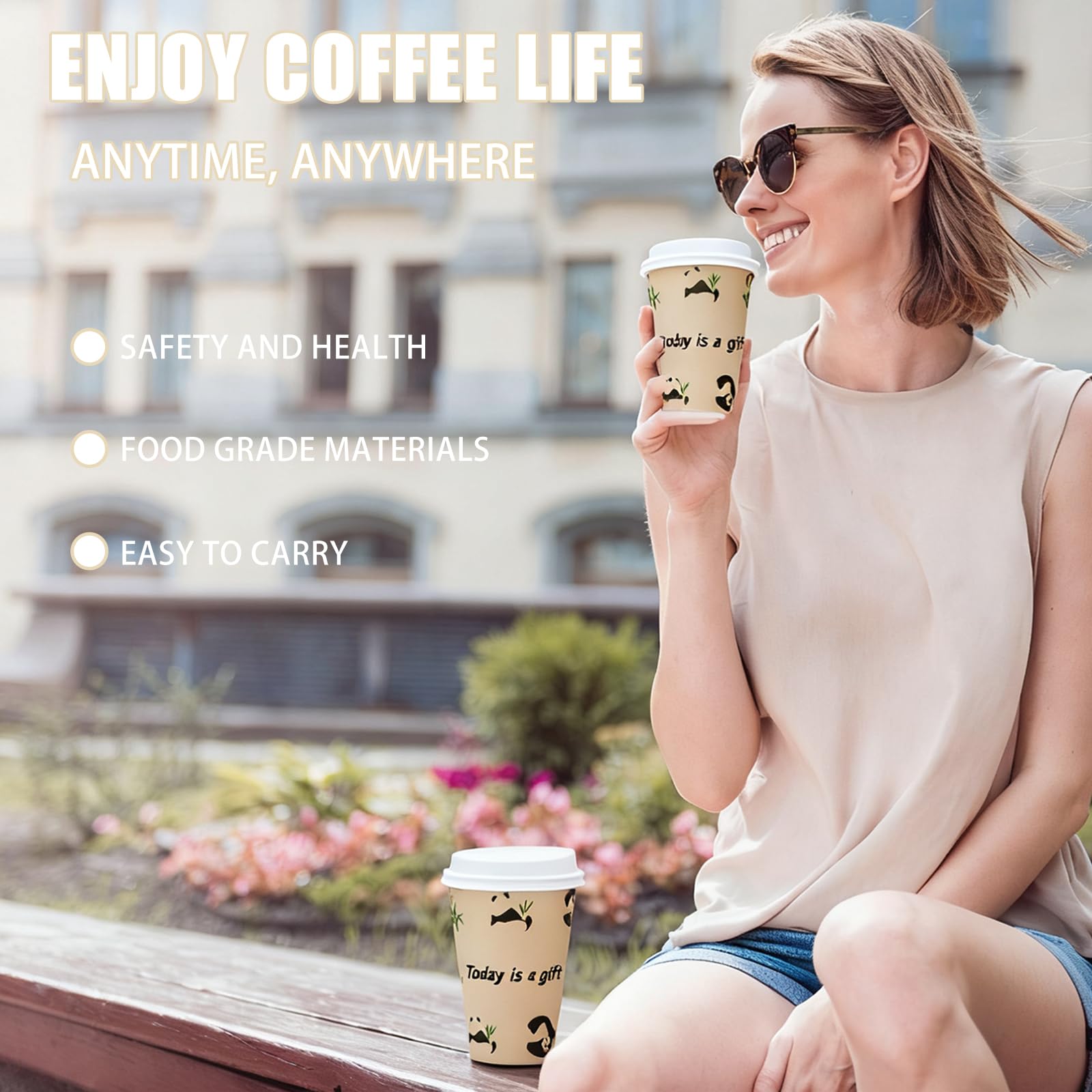 12 OZ 25 Pack Disposable Cups Paper Coffee Cups with Lids, Disposable Paper Cups for Cold/Hot Drinks, Eco-friendly Leak-Proof To Go Drinking Cups for Office Party Home Picnic & Travel (Panda)