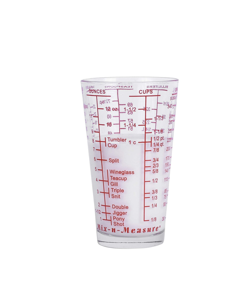 Kolder Mix N Measure Glass, Multi-Purpose Liquid and Dry Measuring Cup, 6 Units of Measurement, Heavy Glass, Red