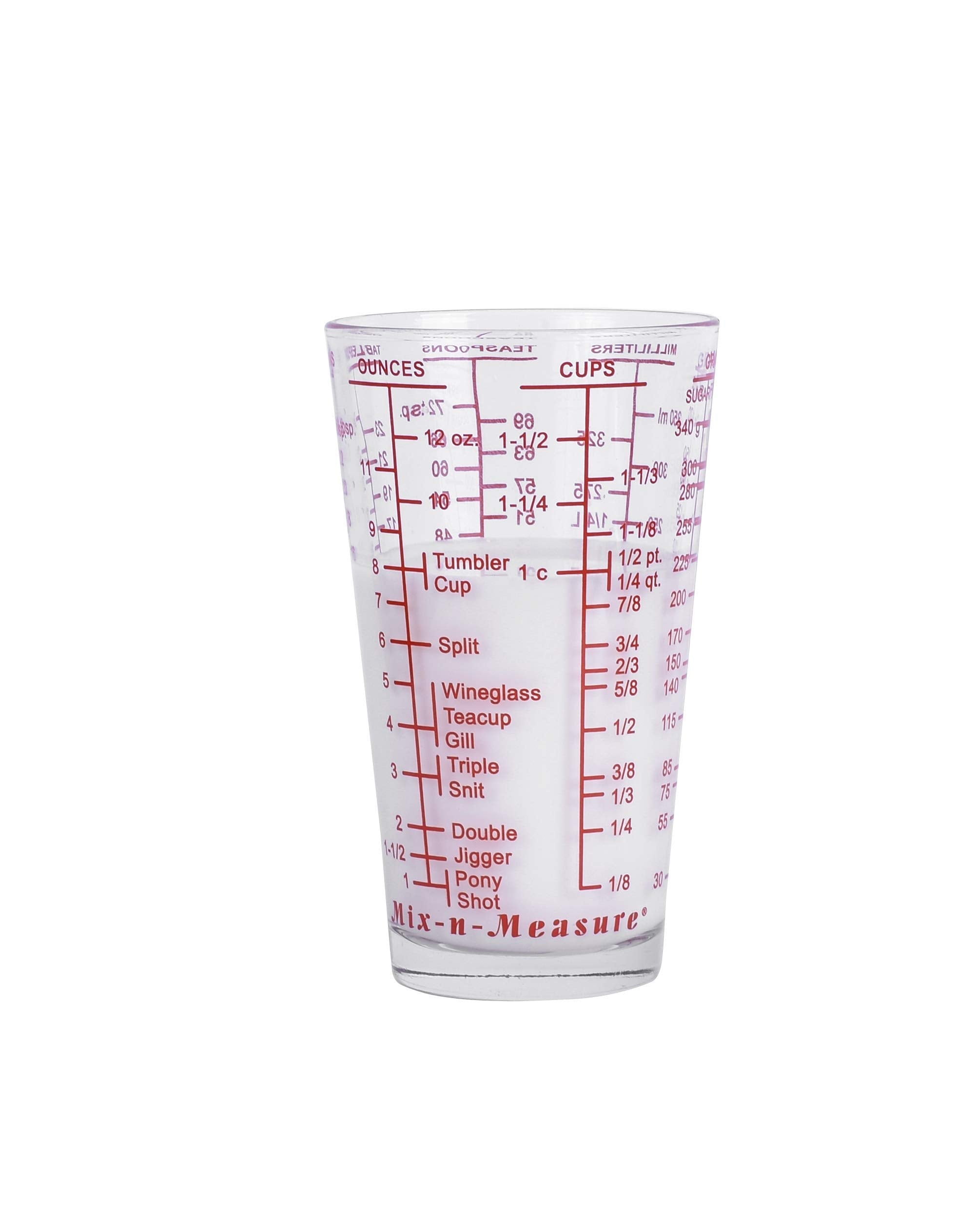 Kolder Mix N Measure Glass, Multi-Purpose Liquid and Dry Measuring Cup, 6 Units of Measurement, Heavy Glass, Red