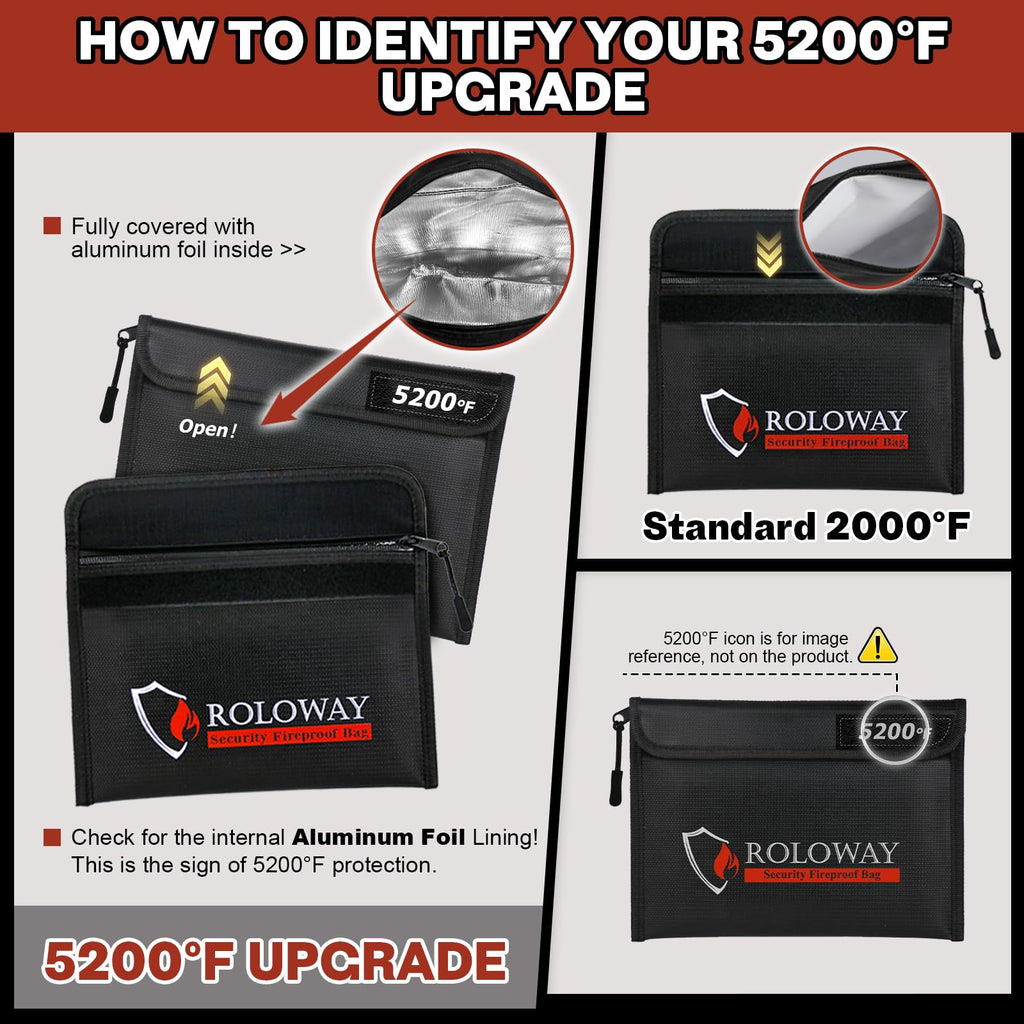 ROLOWAY Fireproof Bag (9.6 x 6.6 inches) 5200°F Heat Insulated, Fireproof Money Bag with Zipper for Cash, Fireproof Safe Bank Bag, Fireproof Money Organizer for Cash (2-Pack Black)