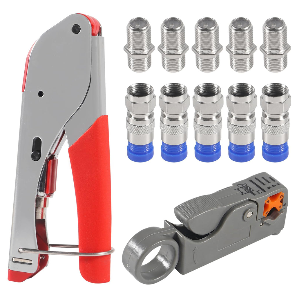 Coax Cable Crimper Tool Kit Coaxial Compression Tool Fitting Wire Stripper with 5PCS RG6 F Type Connector + 5PCS RG6 Coax Cable Extender