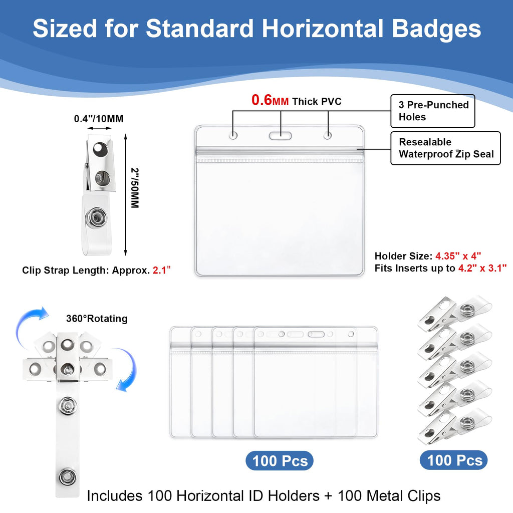 Clear Plastic Horizontal Badge Holders and Metal Badge Clips with Vinyl Straps Waterproof Name Tag PVC ID Card Holder by ZHEGUI (100 Pack, Horizontal Large 3x4)