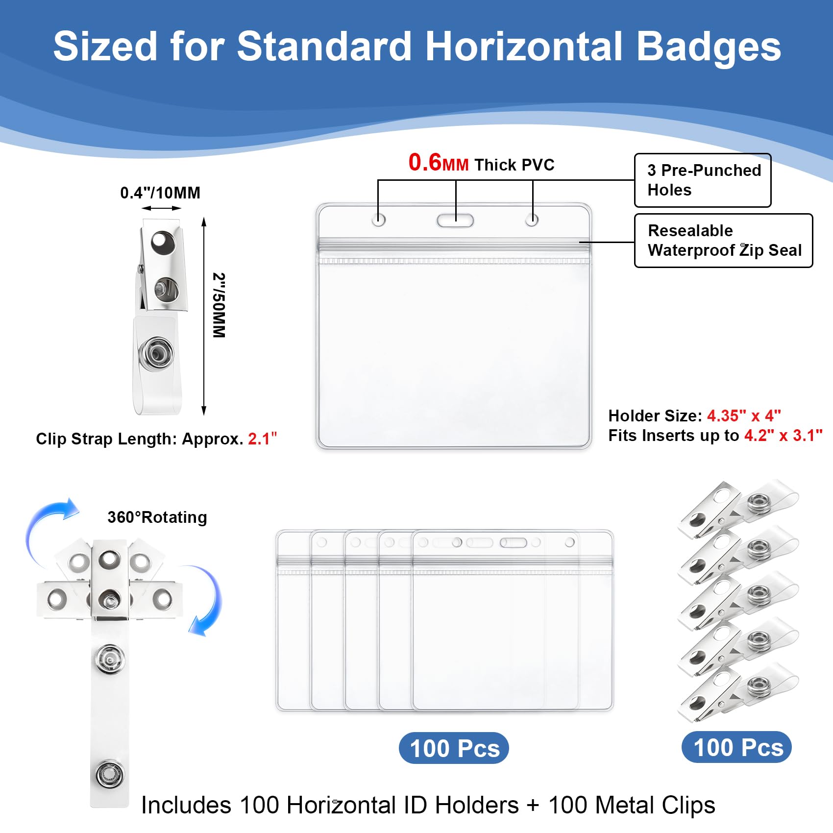 Clear Plastic Horizontal Badge Holders and Metal Badge Clips with Vinyl Straps Waterproof Name Tag PVC ID Card Holder by ZHEGUI (100 Pack, Horizontal Large 3x4)