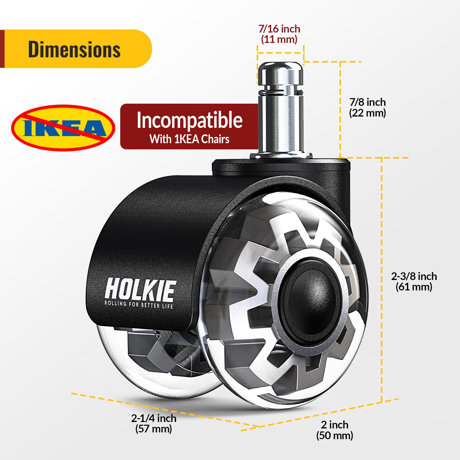 HOLKIE Office Chair Wheels Replacement 11x22mm Universal Fit 2 Inch Casters, Grey Dual Rubber Smooth & Quiet Rolling Desk Wheels-Set of 5 for Hardwood Floors & Carpet Computer Gaming Chair Wheels
