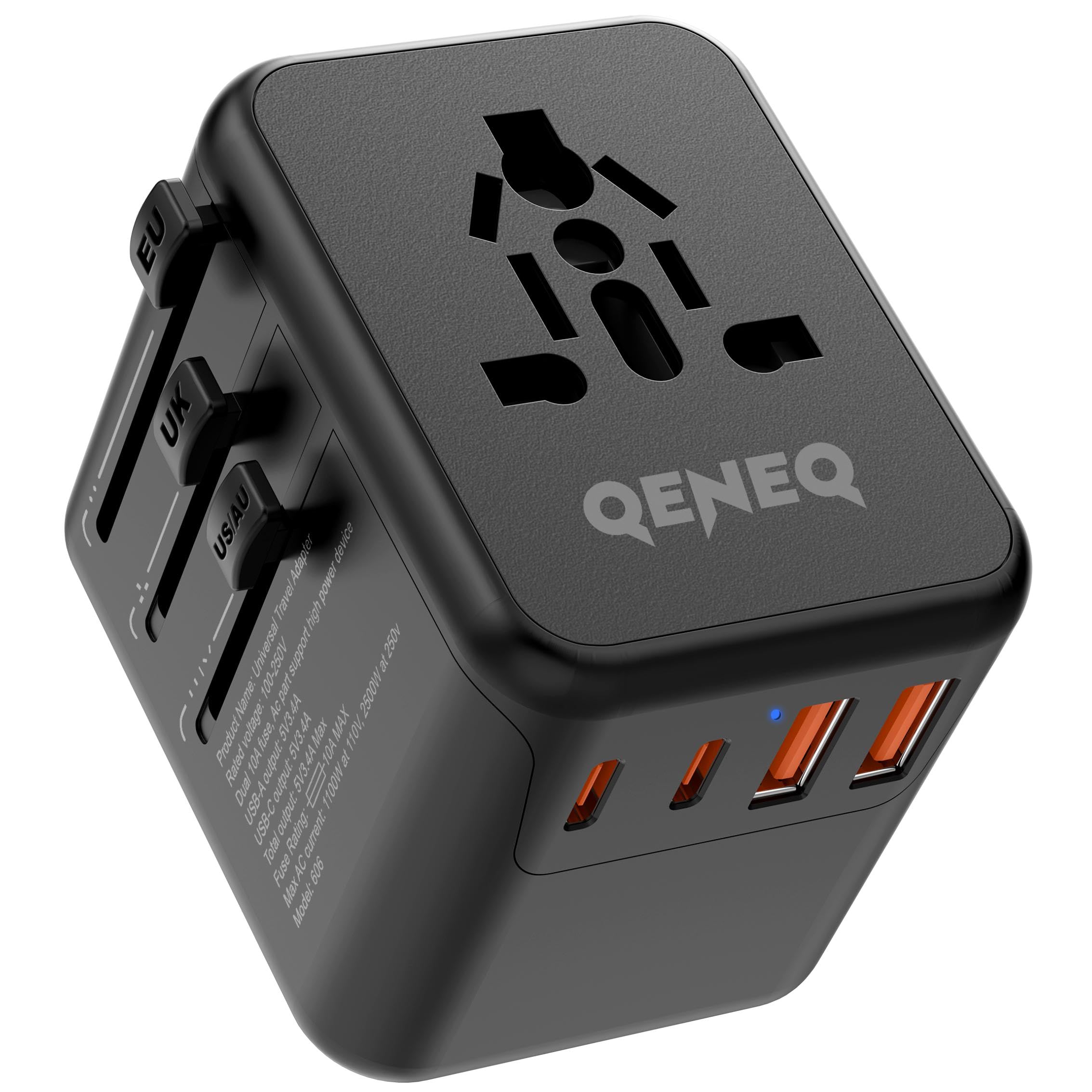 QENEQ Universal Travel Adapter International World Adapter 5 in 1 European Travel Plug Fast Charger 2xUSB-A 2xUSB C Worldwide AC Outlet Adaptateur Voyage Adaptor Universal for Europe USA UK AUS Asia