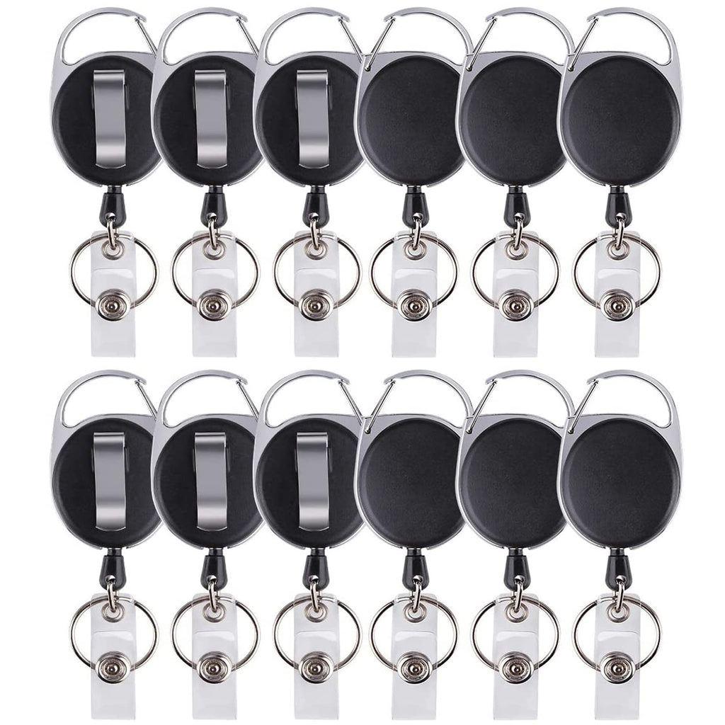 12 Packs Heave Duty Retractable Badge Reels with Carabiner Belt Clip and Key Ring, Badge Holders for ID Card Holders with 26.5 Inch Pull Cord (Black)