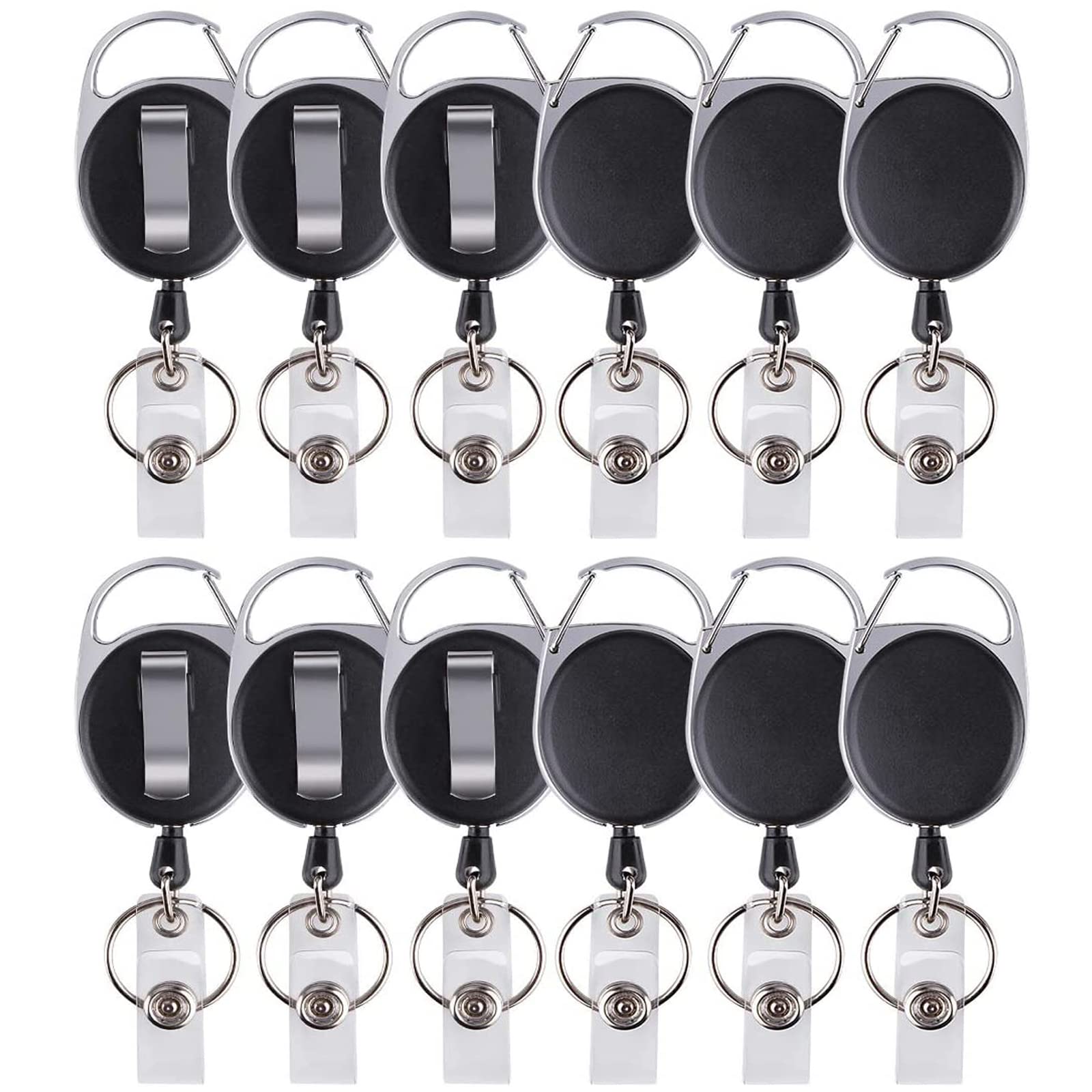 12 Packs Heave Duty Retractable Badge Reels with Carabiner Belt Clip and Key Ring, Badge Holders for ID Card Holders with 26.5 Inch Pull Cord (Black)