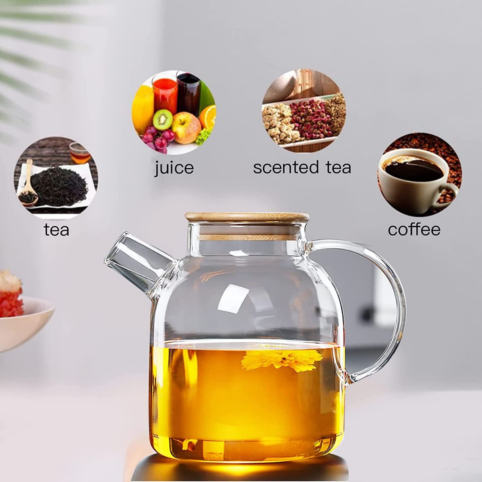 SITIEPA Glass Teapot Stovetop Safe, Glass Tea Kettle 60.8oz/1800mL Borosilicate Clear Teapot with Bamboo Lid and Removable Filter Spout Tea Pot for Loose Leaf and Blooming Tea