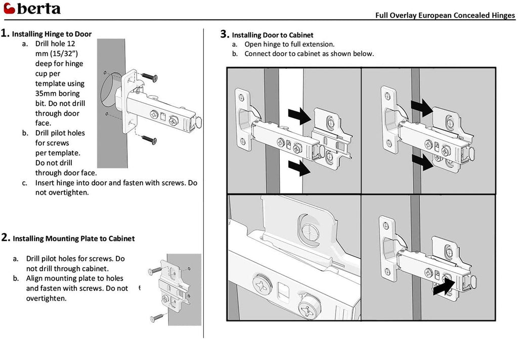 Berta 4-Pack Full Overlay Frameless Soft-Close European Hinges, 110° 3D Adjustable, Clip-On Concealed Kitchen Cabinet Door Hinges with Screws - Ideal for Modern Cabinets