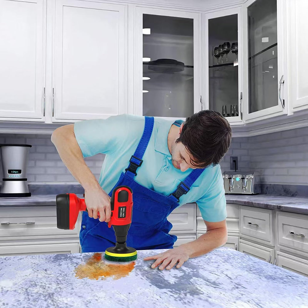 4 inch drill Power Brush Tile Scrubber Scrub Pad 2 different stiffness 4 inch pad Holders with 6 scrub pads Heavy Duty bath and tile cleaner for perfect cleaning of large flat areas drill not included