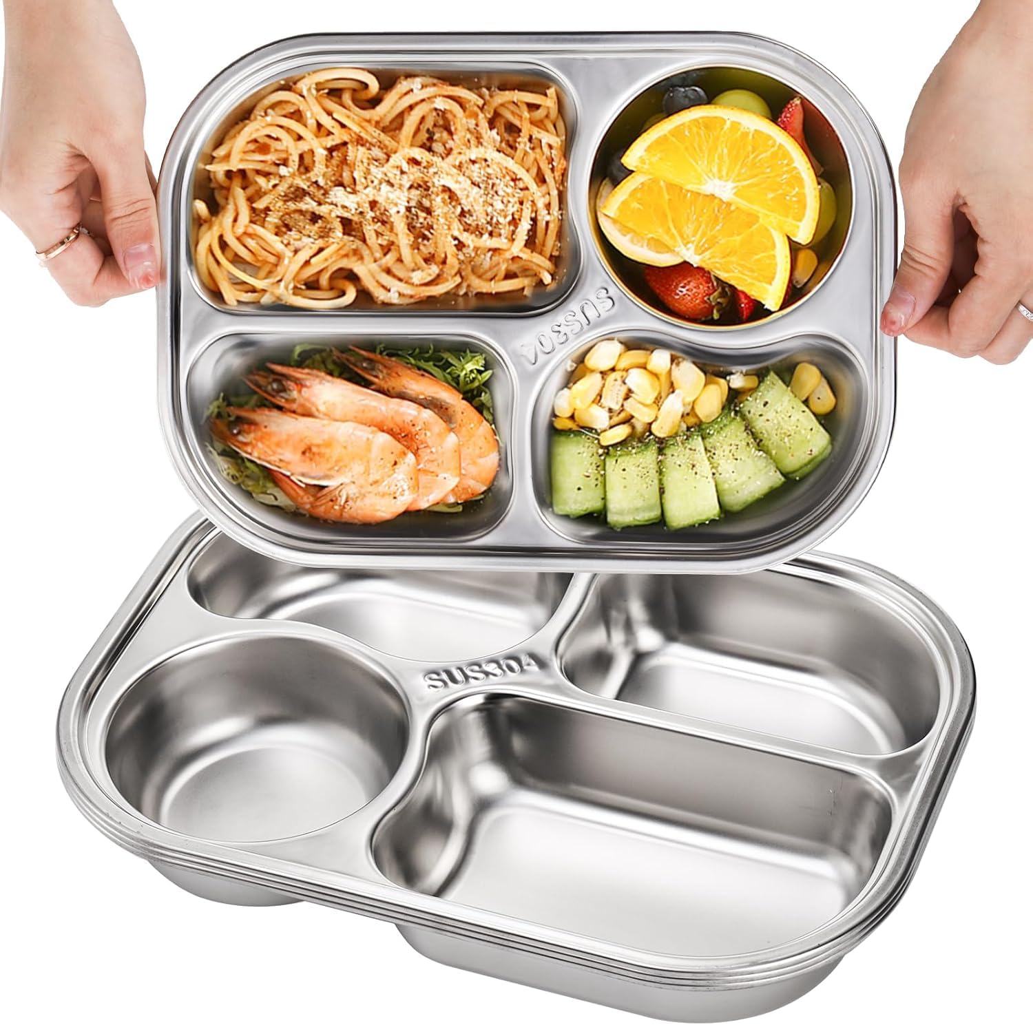 DEAYOU 4 Pack 18/10 Stainless Steel Divided Plate, Small Child Plate with 4-Compartment, Portion Control Serving Platter, Mess Food Sectioned Tray for Dinner, Lunch, Cafeteria, Kids, Adult