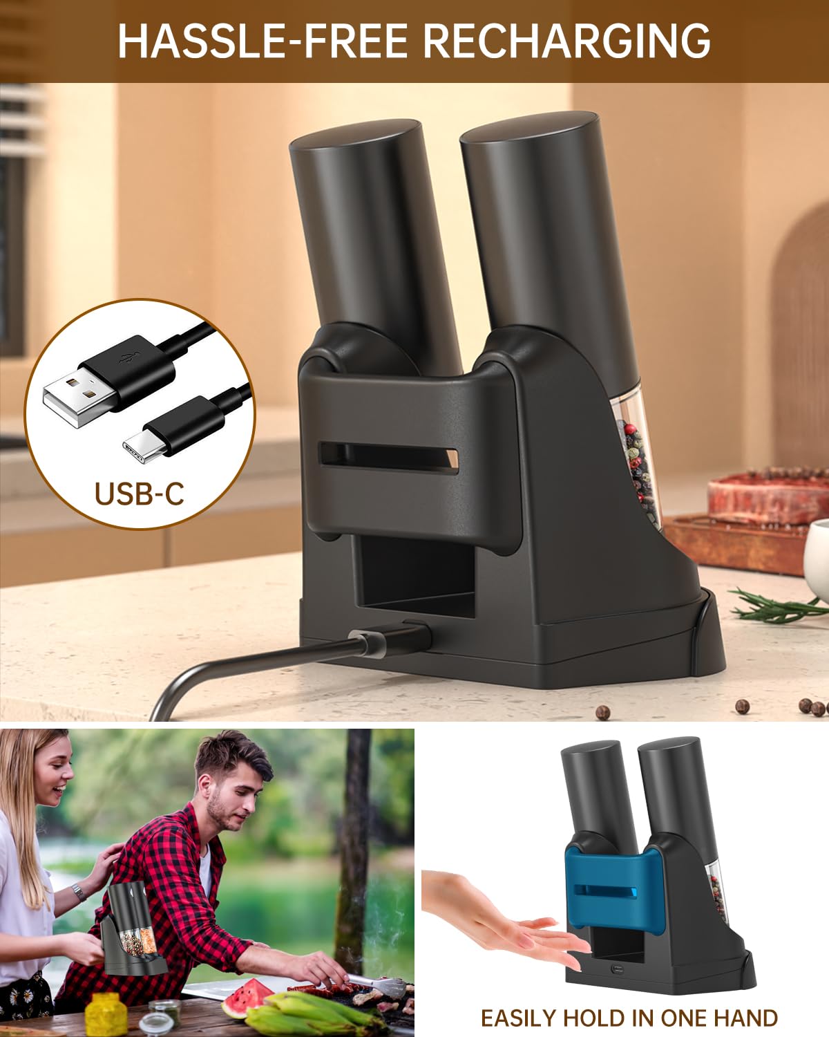 CIRCLE JOY Electric Rechargeable Salt and Pepper Grinder Set with Easy-to-Carry Dual Charging Base, Externally Adjustable, 100 ml Large Capacity, LED Light, Black