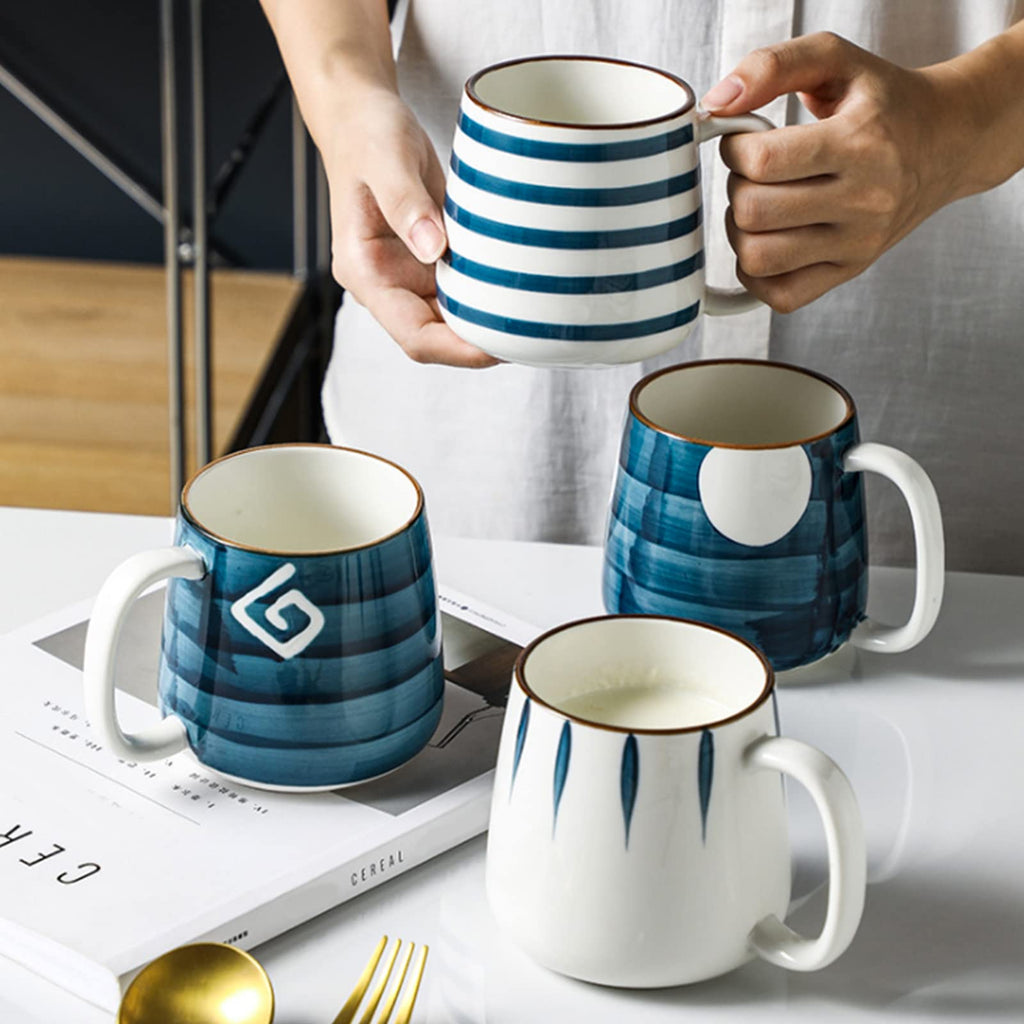 DEAYOU Set of 4 Porcelain Coffee Mugs, 500 ml/17 Oz Ceramic Coffee Cups with Handles, Large Hand-Painted Tea Cups for Cappucino, Milk, Latte, Cocoa, Hot or Cold Drinks, Microwave & Dishwasher Safe